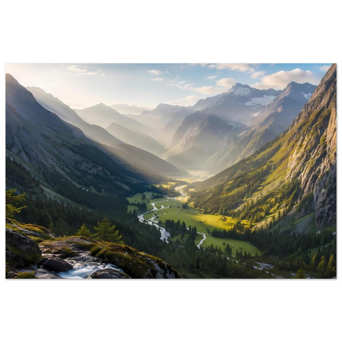Querformat-Poster Bergtal: Bachlauf im Vordergrund, sonnige Wiesen und hohe Berge