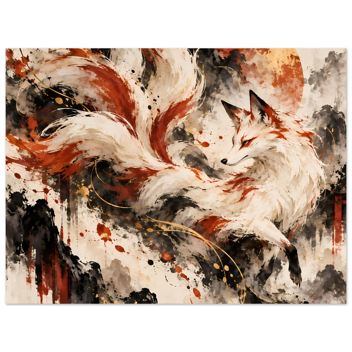 Fantasy-Poster mit Fuchs und neun Schweifen, weiß-creme Fell, orange-rote Akzente, Schwarz