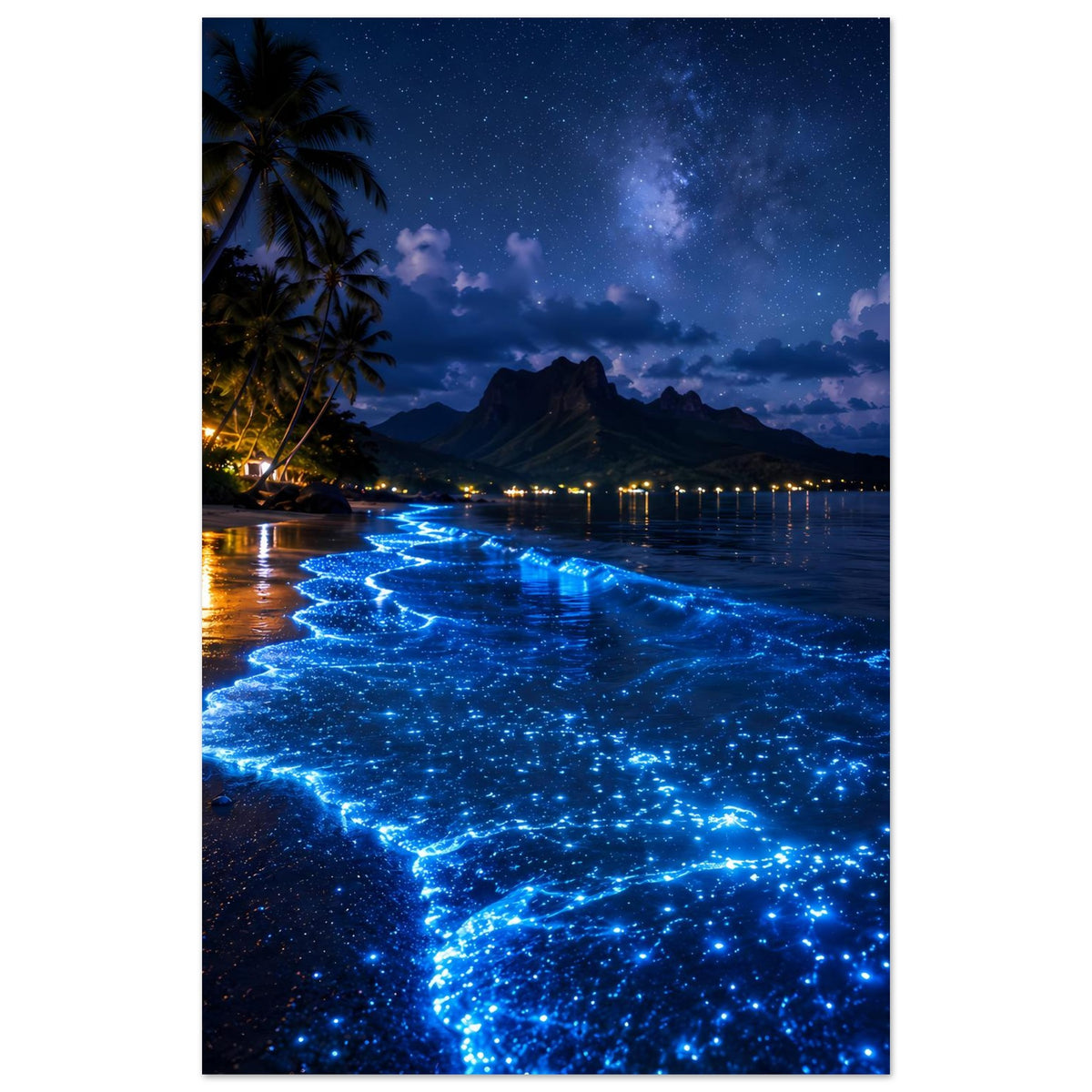 Hochformat-Poster: Palmen und blaue biolumineszente Flut auf dunklem Strand