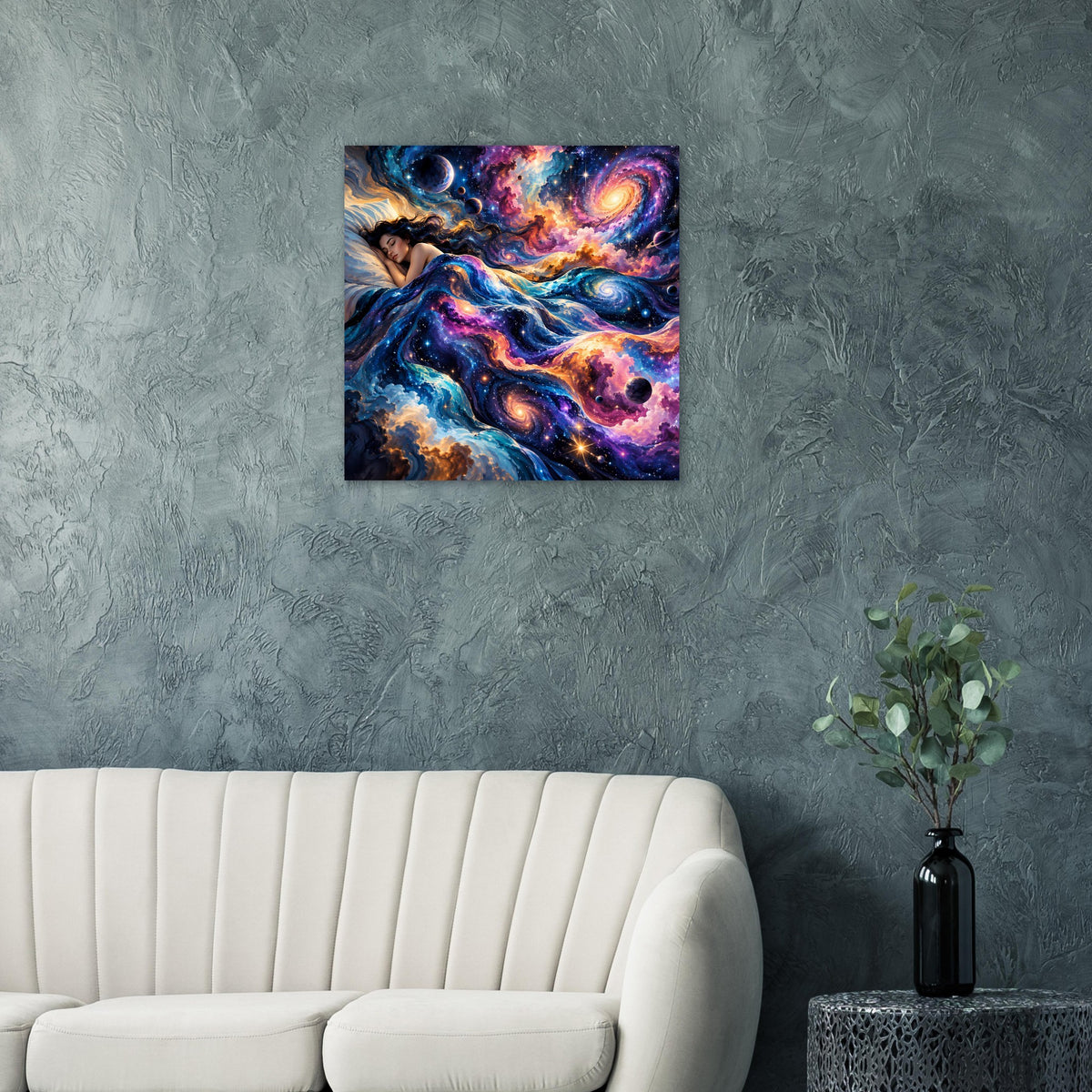 Quadratisches Poster mit buntem Weltraummotiv: blau-violetter Sternnebel und goldene Lichtwirbel.