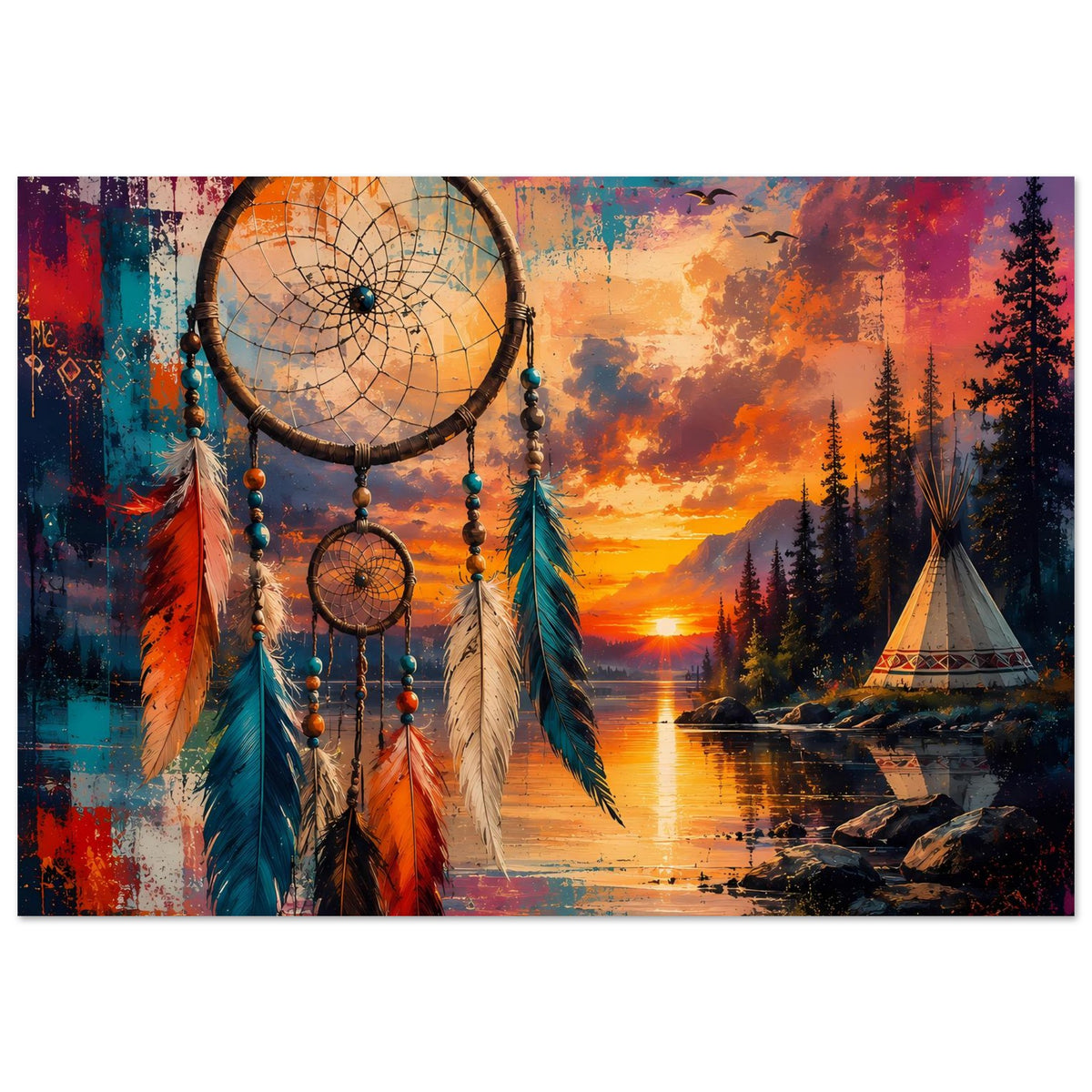 Boho-Träumefänger-Poster im Querformat mit großem Traumfänger, Federn und See bei Sonnenuntergang