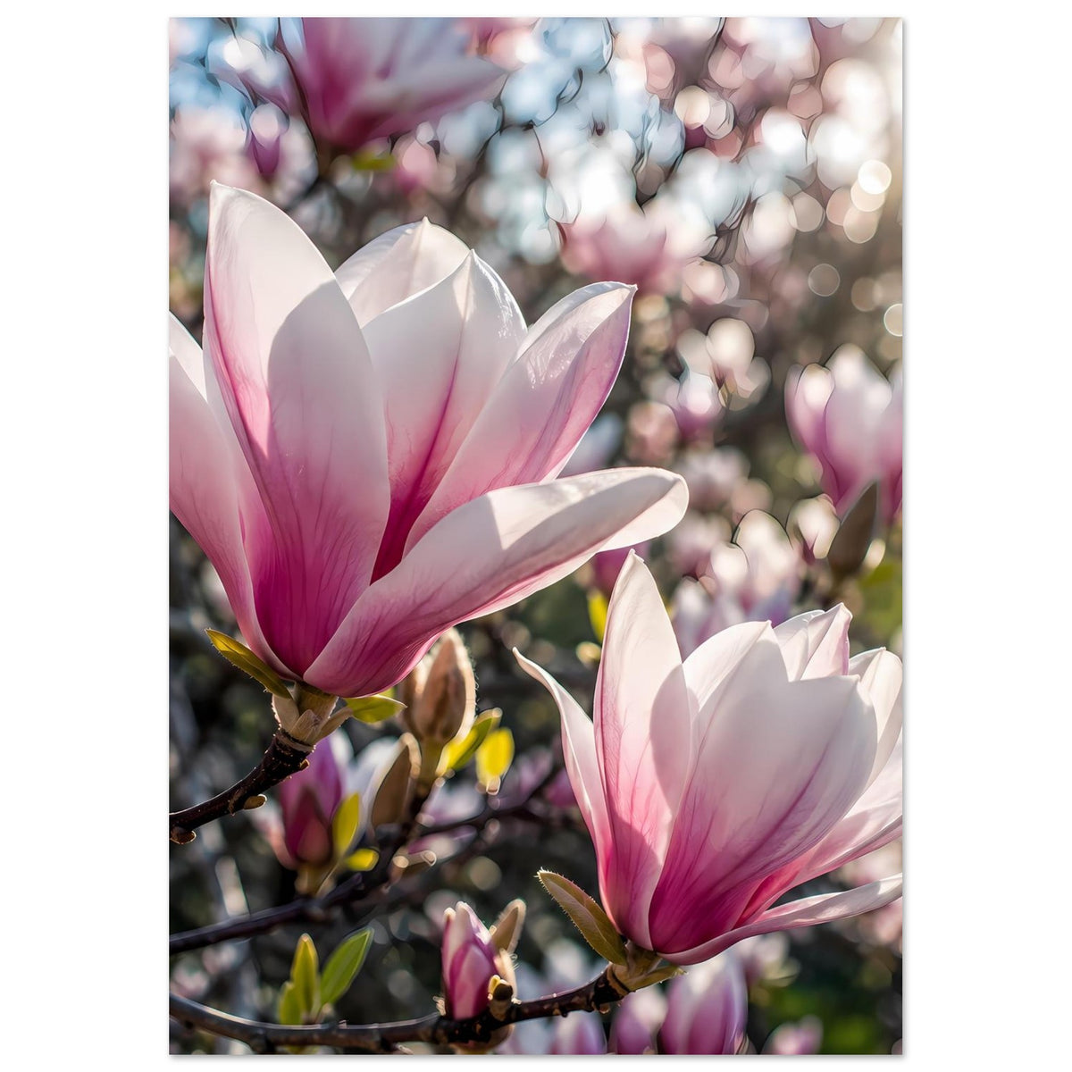 Poster mit rosafarbenen Magnolienblüten, Blütenblätter mit hellen Highlights
