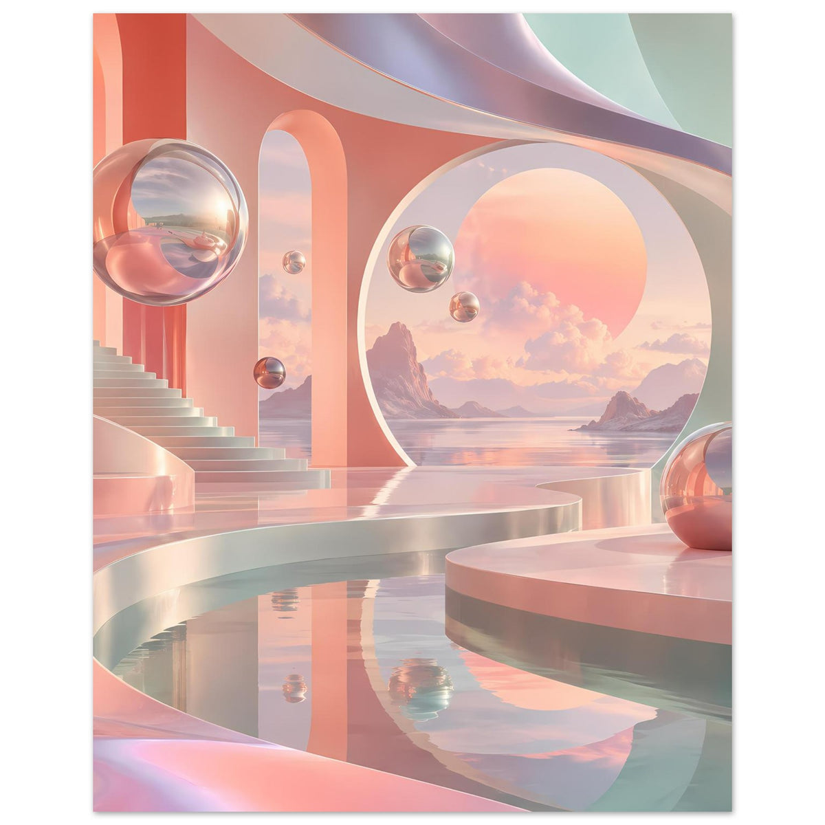 Querformat-Poster: Pastell-Landschaft mit Rundbogen, Treppen und schwebenden Kugeln.