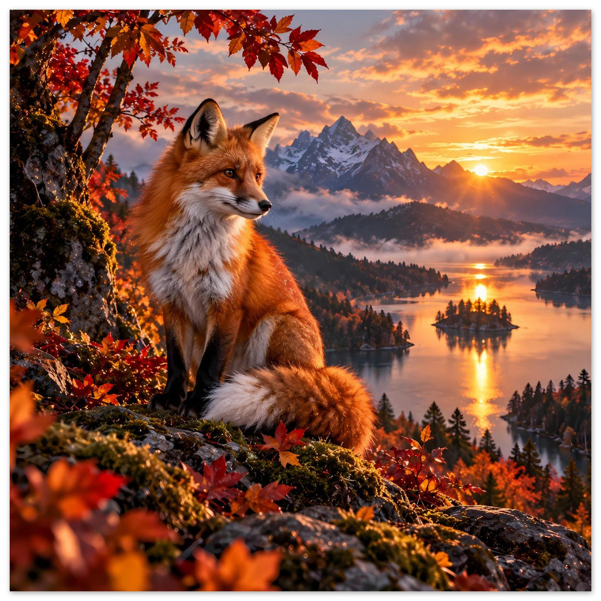 Wandposter: Fuchs mit orange-weißem Fell, sitzt auf Felsen im Herbstlaub, Blick nach rechts