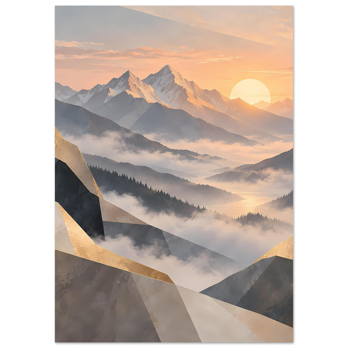 Poster im Hochformat: Berge im Dunst mit Sonnenkreis, goldene Akzente und Pastelltöne
