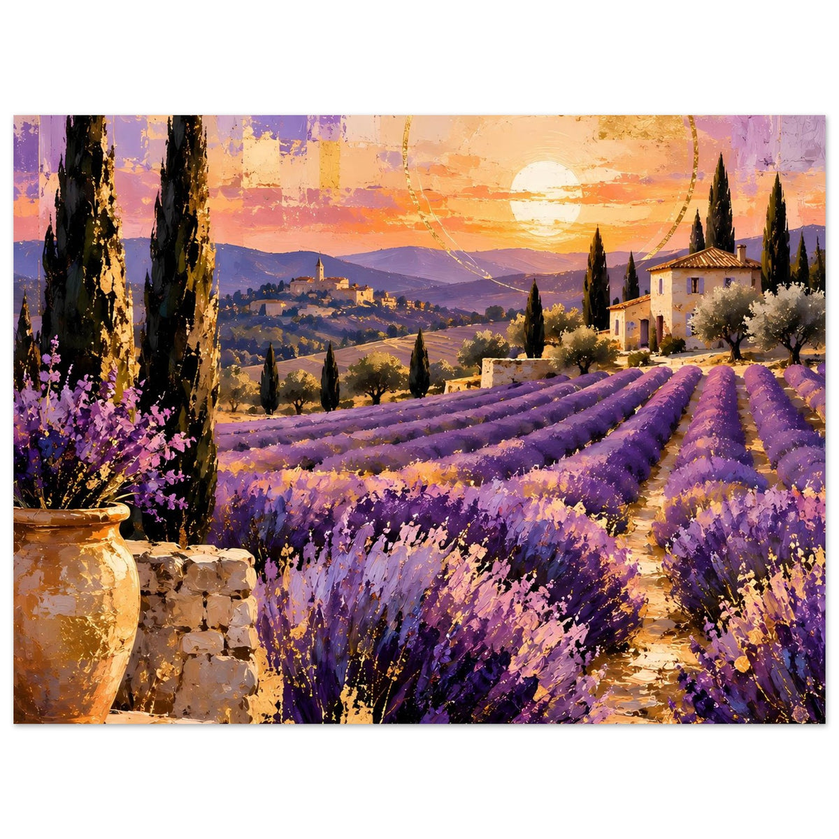 Kunstdruck-Poster: Lavendel-Reihen, Zypressen und Landhaus, Abendsonne über Landschaft