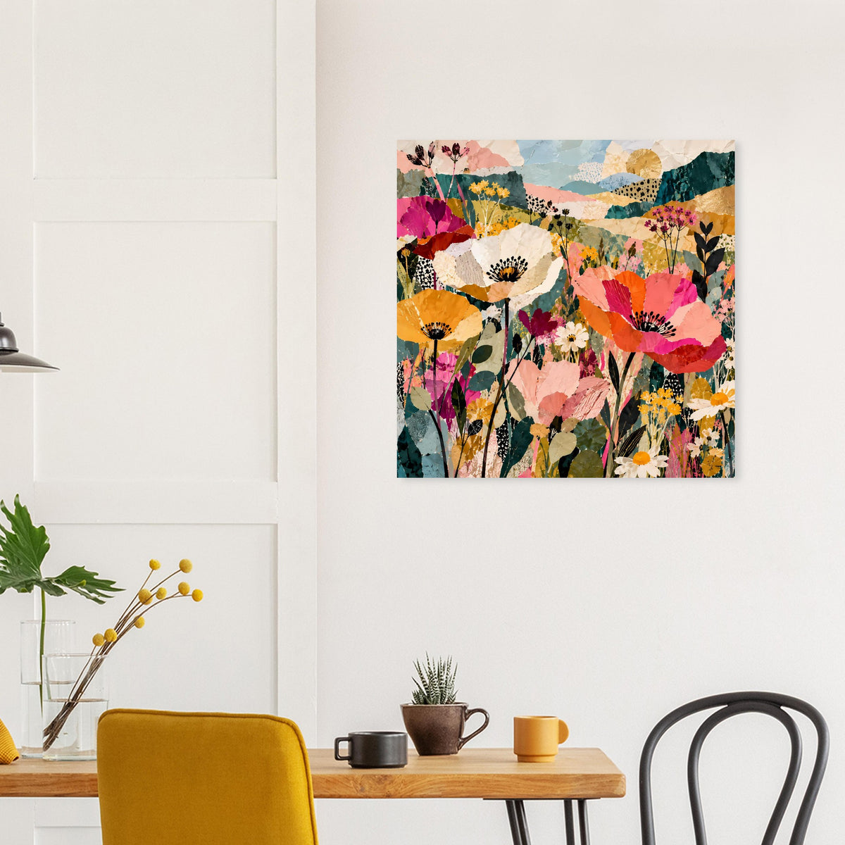 Quadratisches Poster mit farbenfroher Blumen-Collage aus vielen Mustern