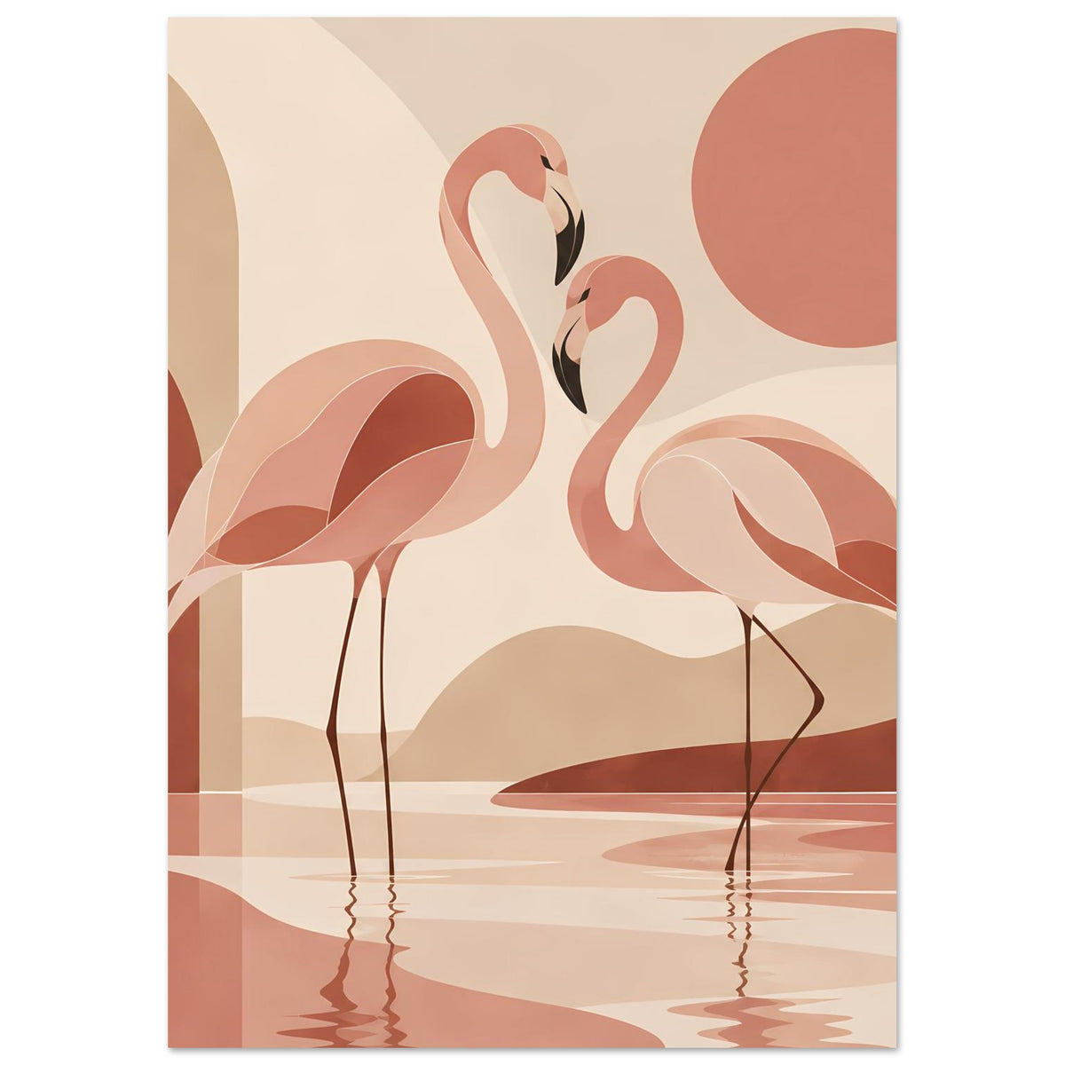 Quadratisches Naturposter mit zwei Flamingos, rosafarbene Gestaltung und Wasserspiegelung
