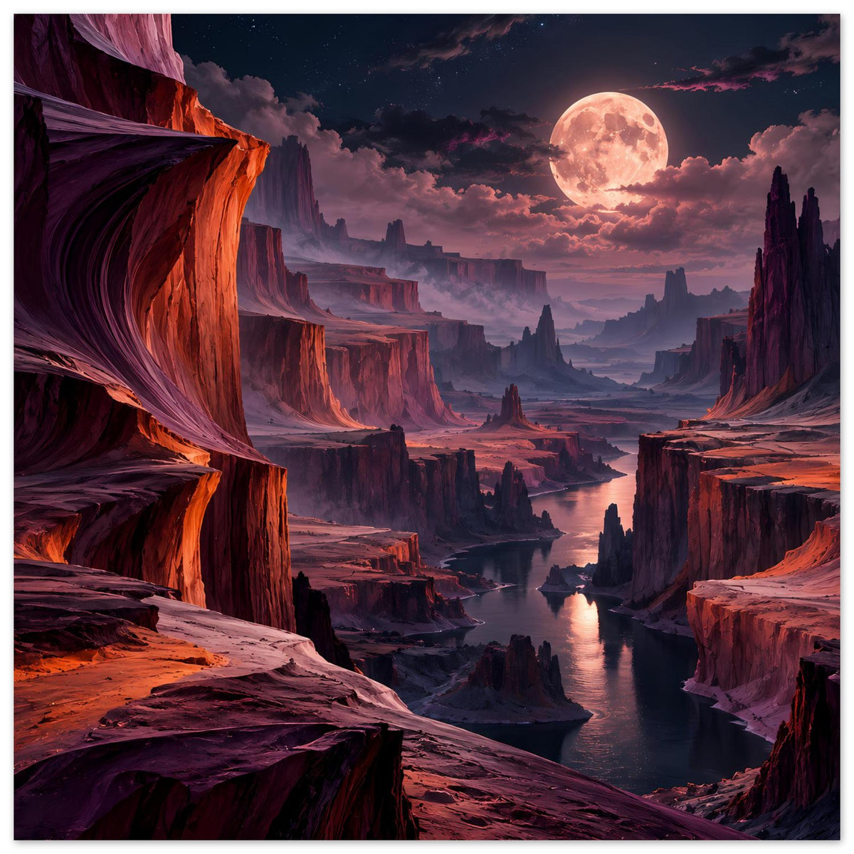 Landschaftsposter: Canyonlandschaft mit Fluss, großer Mondscheibe und Türmen im Hintergrund, rot