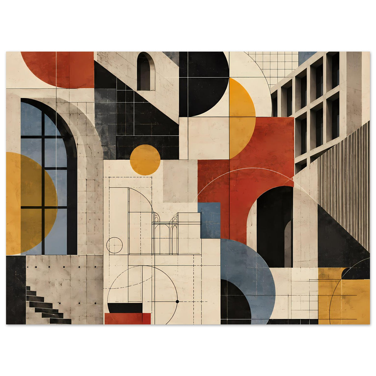 Kunstposter mit geometrischer Architektur, Terrakotta und Schieferblau, dunkle Säulen und Bögen