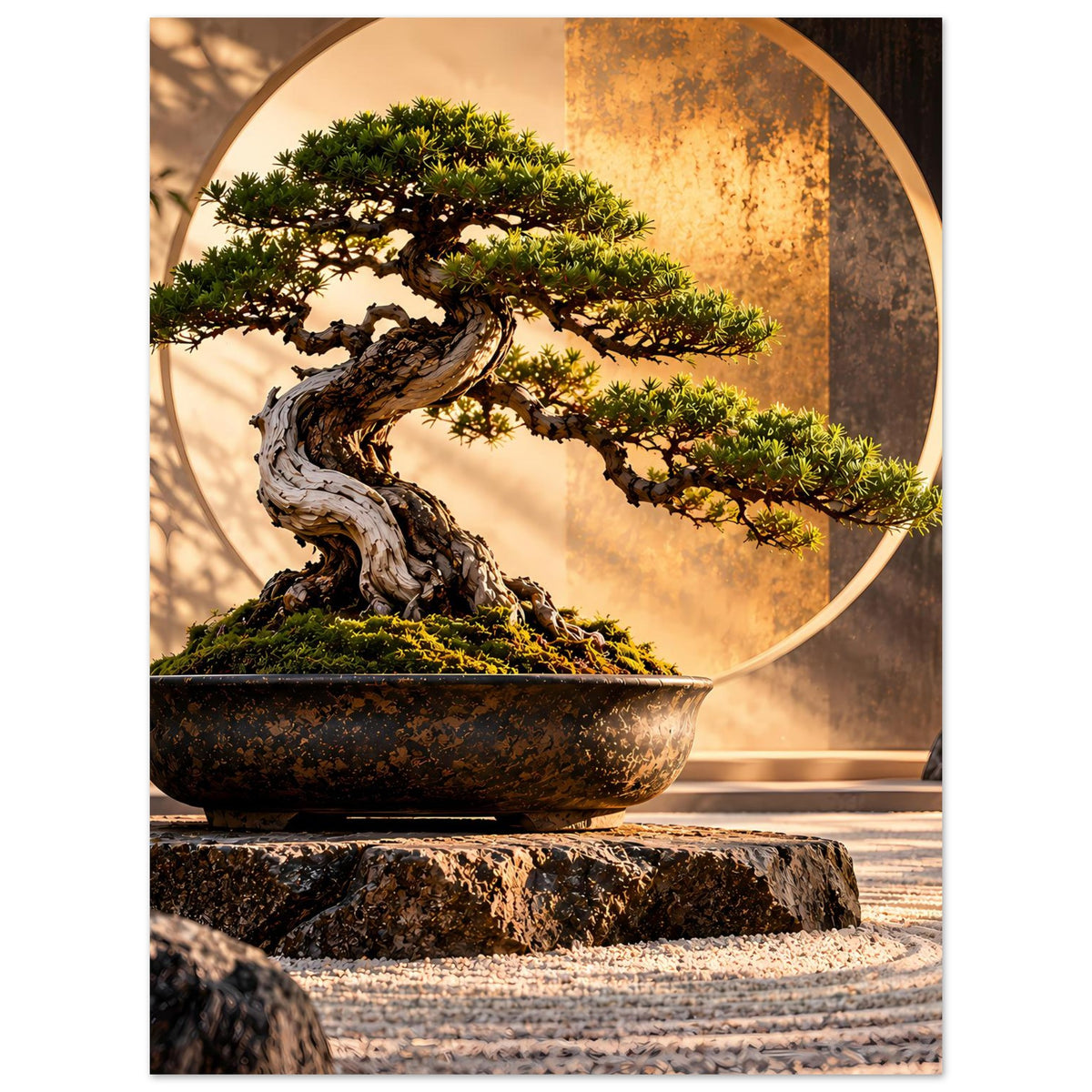 Bonsai-Garten-Poster mit kräftigem Stamm, grünen Zweigen, dunkler Schale und Goldkreis