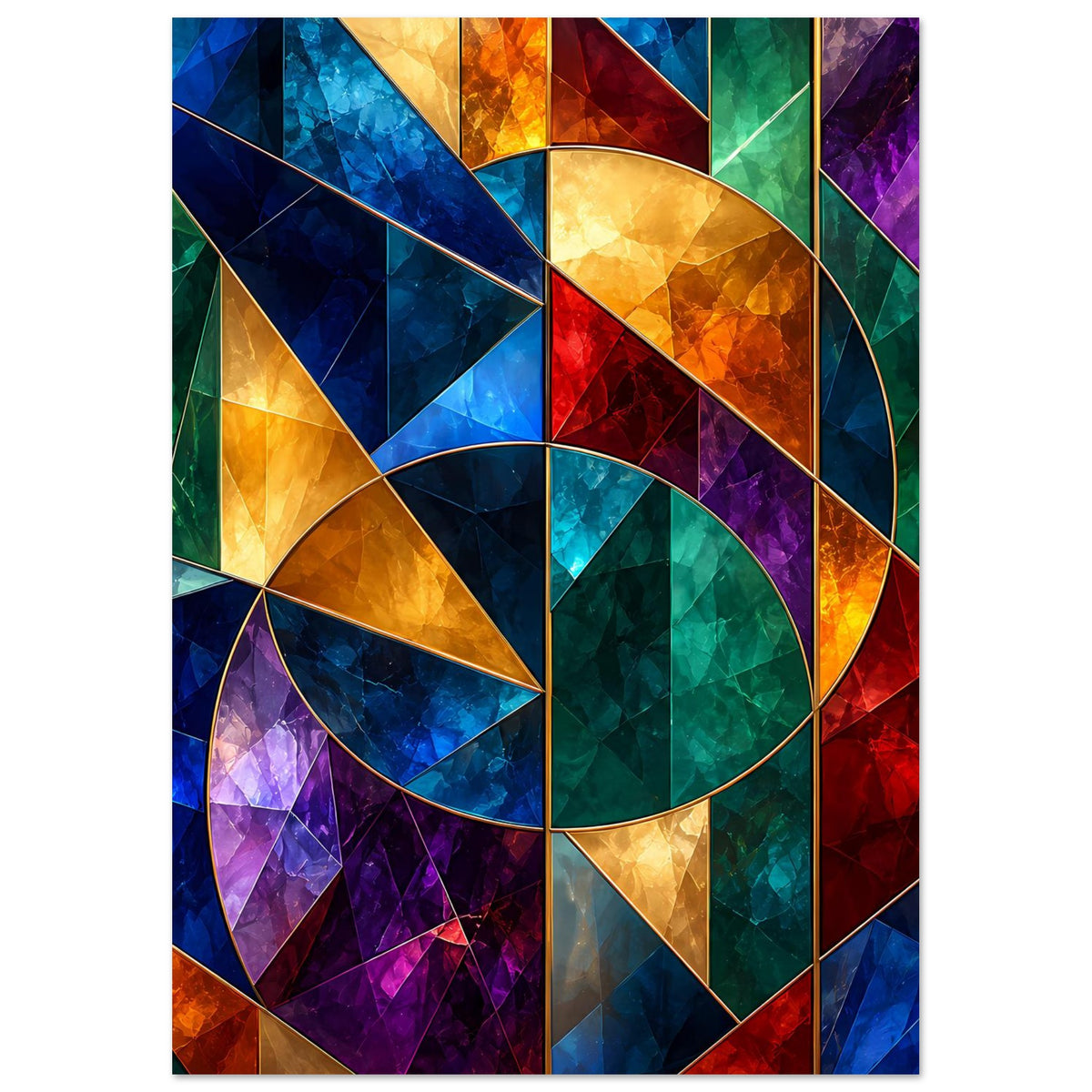 Geometrisches Buntglas-Poster (Hochformat) mit buntem Kreisbogen und Rauten, kräftige Farben.