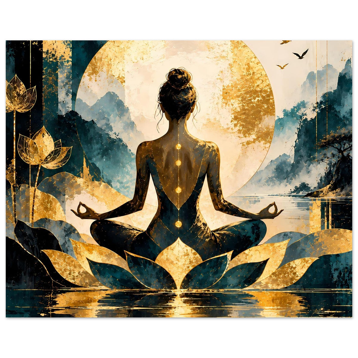 Meditatives Lotus-Frau Poster mit goldener Aura um eine Frau im Lotussitz und Lotusblättern.