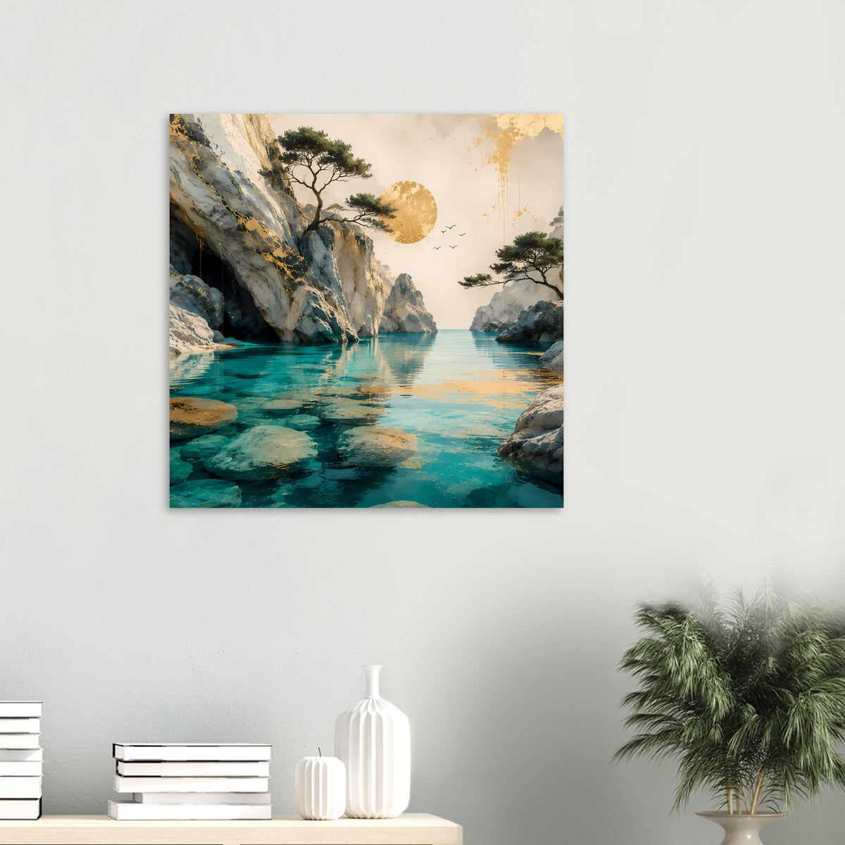 Quadratisches Wandposter Küstenlandschaft: türkisblaues Wasser, Felsen und Bäume, goldener Mond