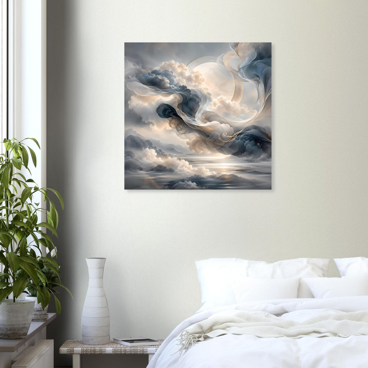 Abstraktes Himmelsposter im quadratischen Rahmen mit ruhigen Wolken und warmem Licht
