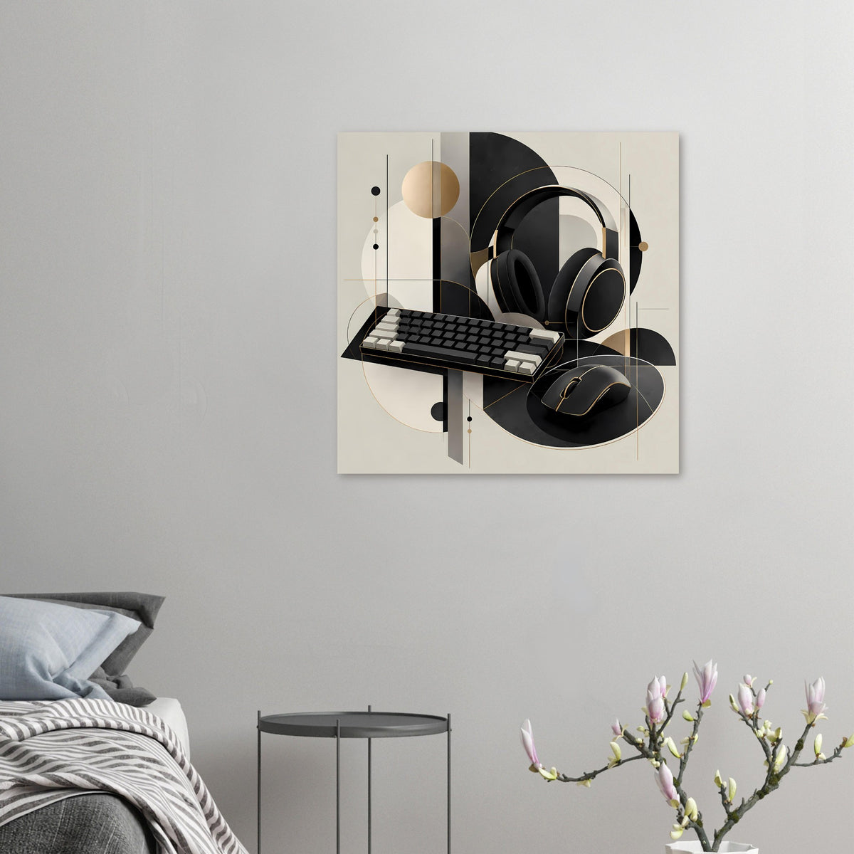 Kleines Gaming-Poster mit Headset, Tastatur und Maus in Schwarz-Gold- und Cremeformen
