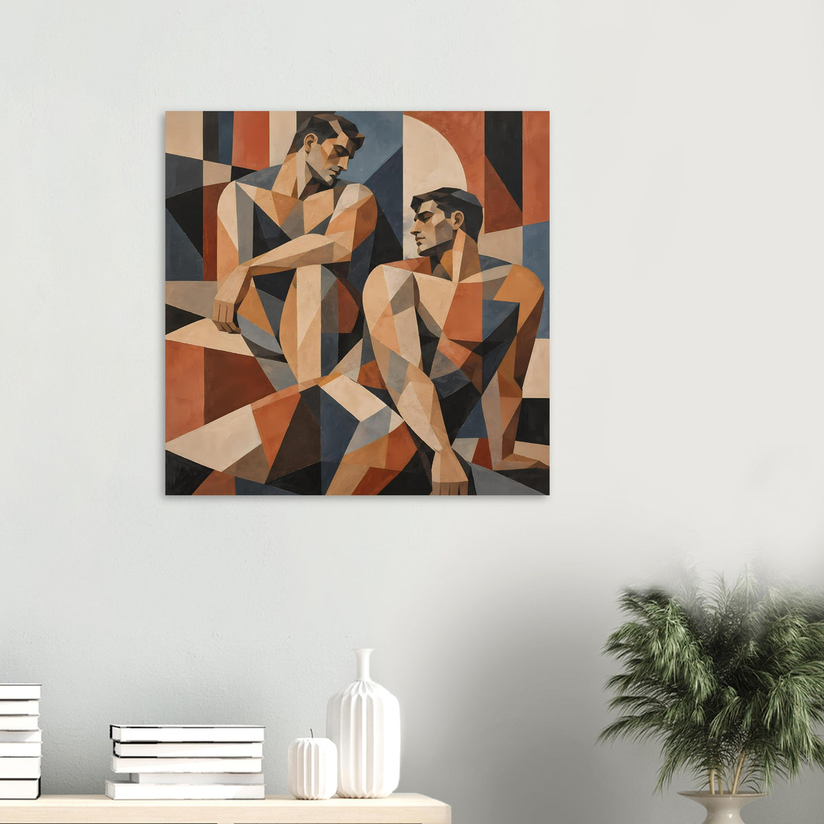 Geometrisches Kunstposter mit zwei stilisierten Personen in warmen Erdtönen