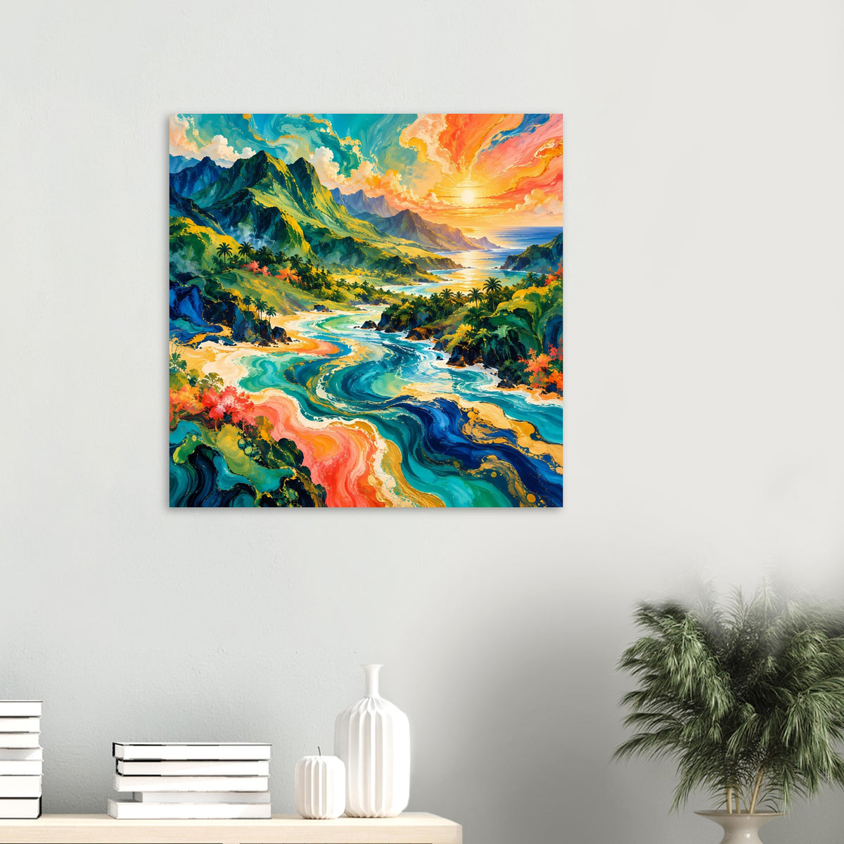 Quadratisches Poster mit tropischer Landschaft, türkisfarbenem Fluss und orangefarbener Sonne
