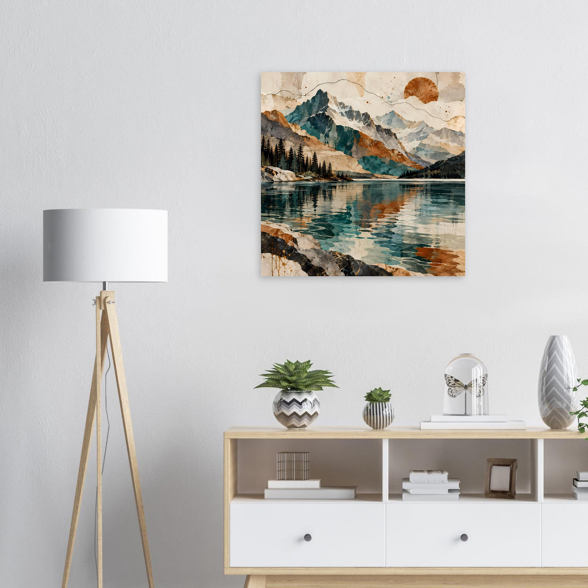 Quadratischer Wandposter mit Berg- und Seelandschaft, türkisfarbenes Wasser und Berge