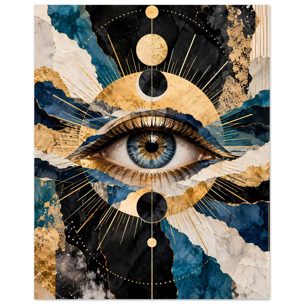 Kunstposter im Querformat mit Auge, goldenen Kreisen und Strahlen; rechts vertikale Linien
