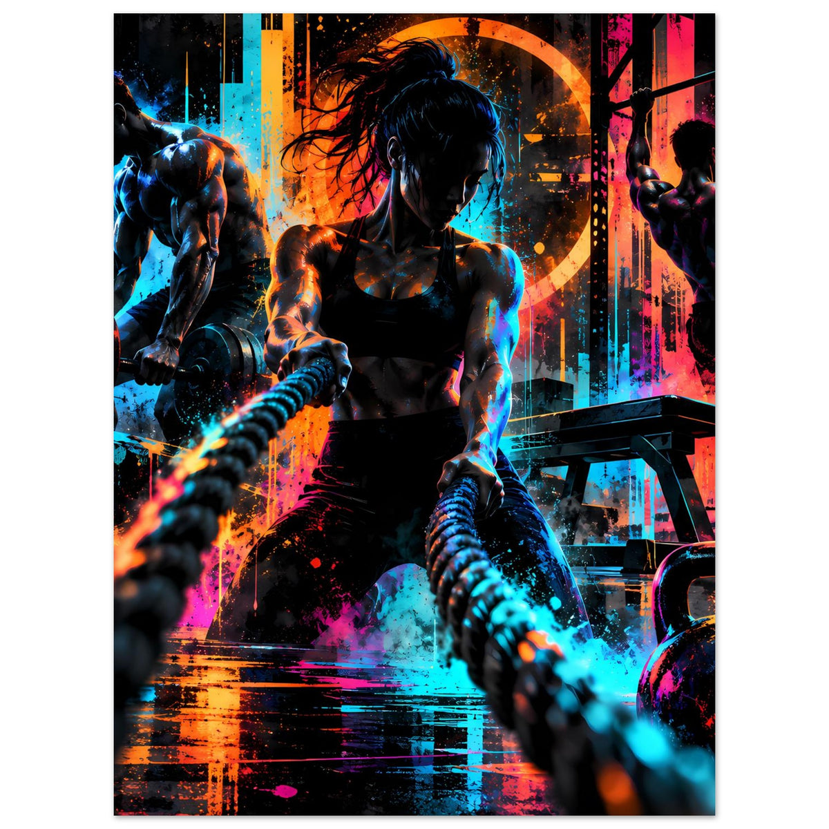 Neon-Fitnessposter mit drei Sportlern, Hantel-Details und leuchtenden Farbverläufen im Motiv