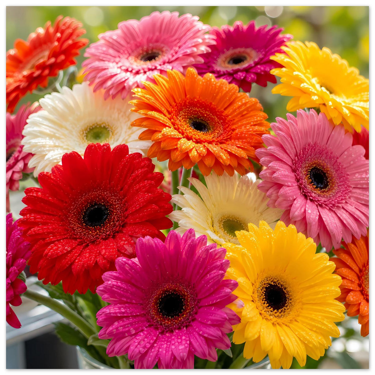 Gerbera-Blumenposter mit buntem Gerbera-Strauß: rot, pink, orange, gelb und weiß