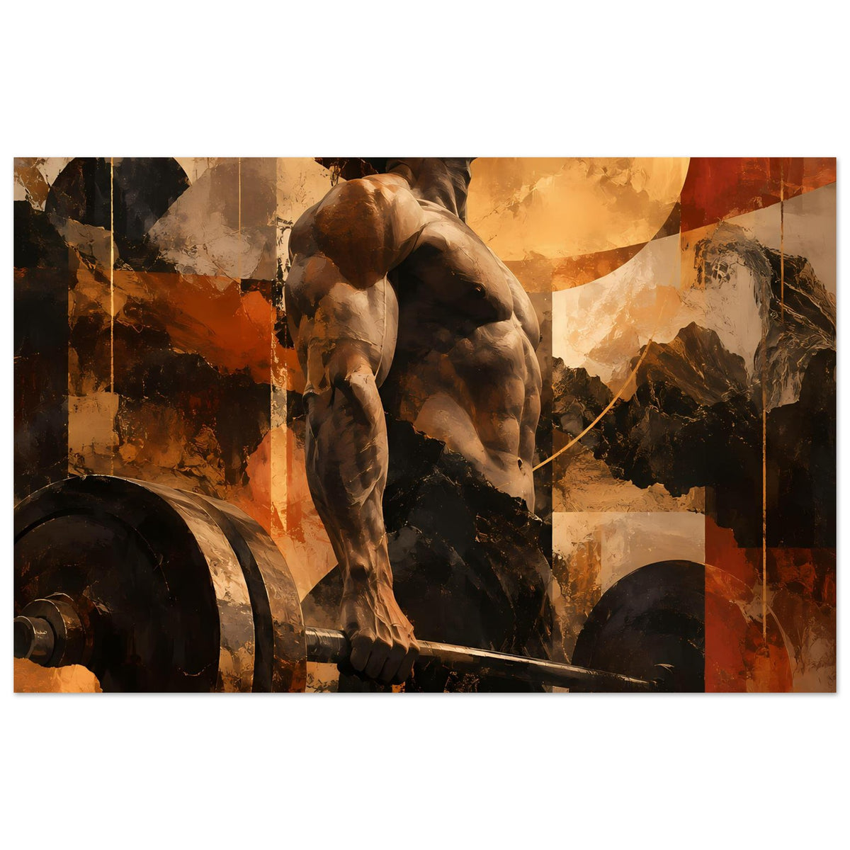 Fitness-Artposter: Hund hält Hantelstange, abstrakte Texturen, warme Erdtöne und Schwarz