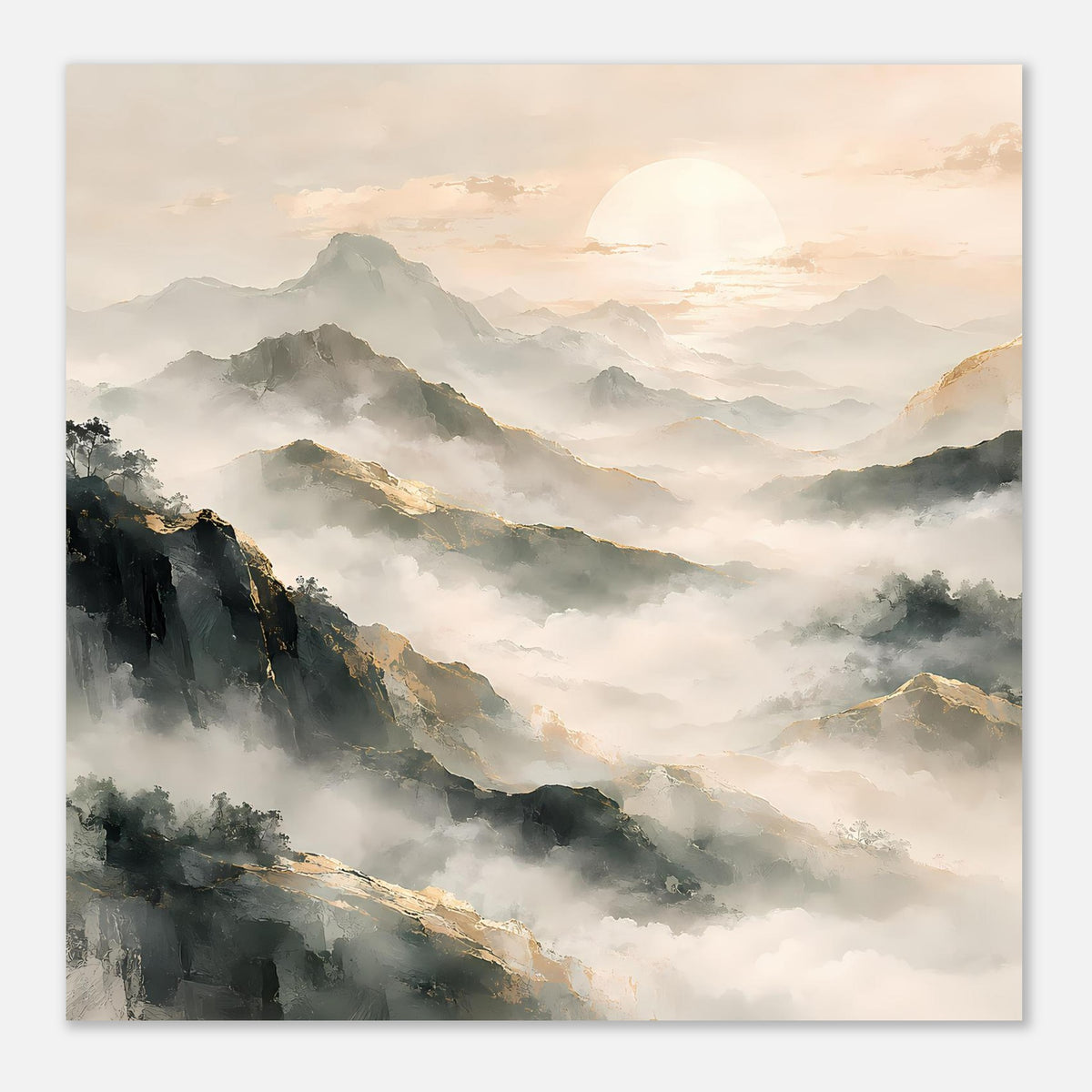Quadratisches/kleines Poster mit Berglandschaft in sanften Naturtönen, Sonne im Hintergrund