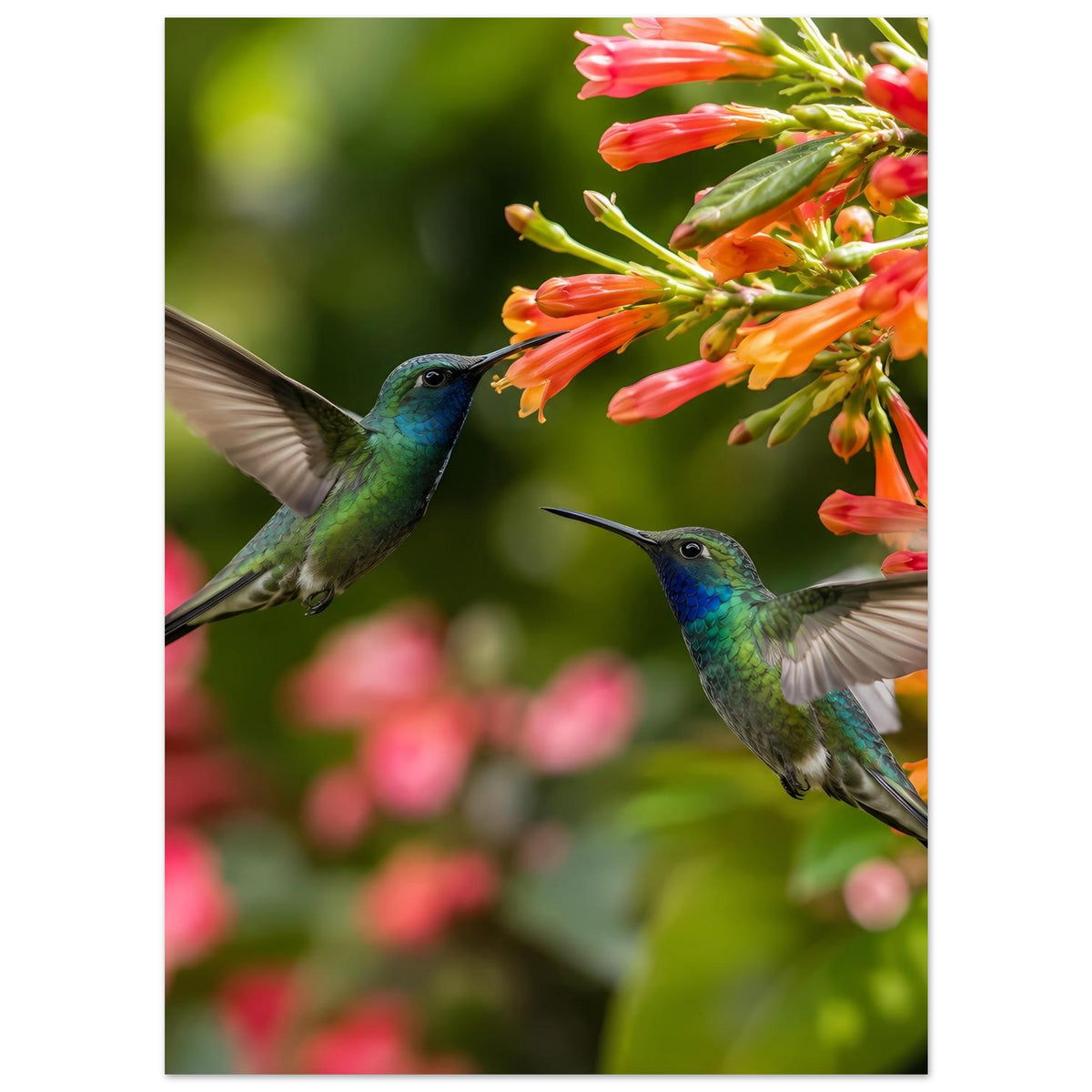 Poster im Hochformat: zwei blaue Kolibris im Flug an orangefarbenen Blüten