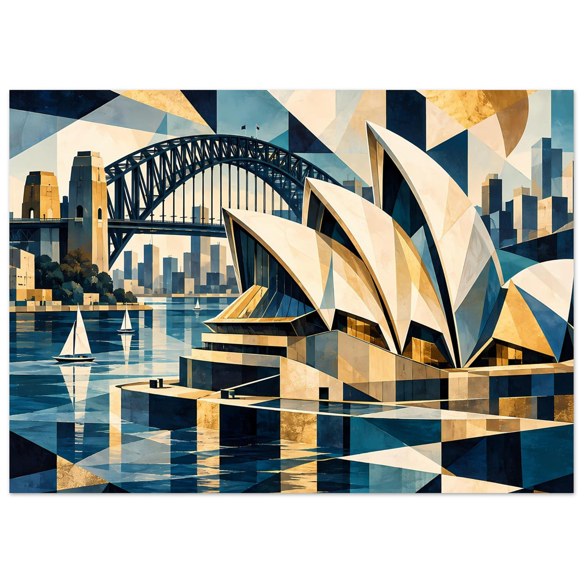 Geometrischer Kunstdruck: Hafenlandschaft mit Brücke und polygonalen Blau-Gold-Flächen
