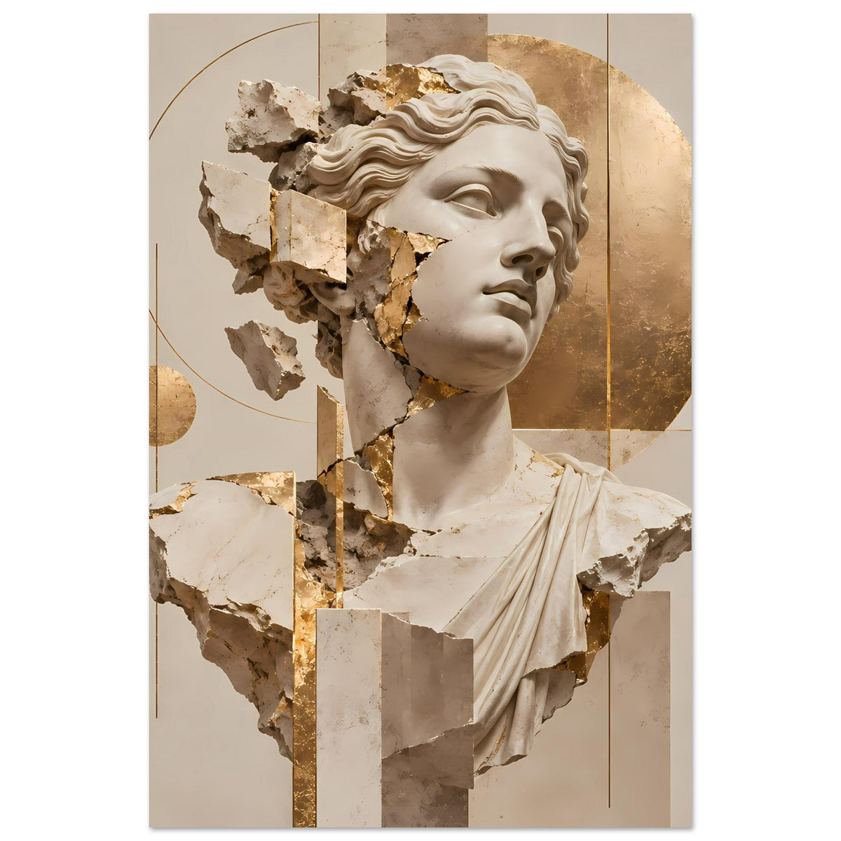 Kunstposter mit zerbrochener Marmorbüste und goldenen Akzenten (vertikal)