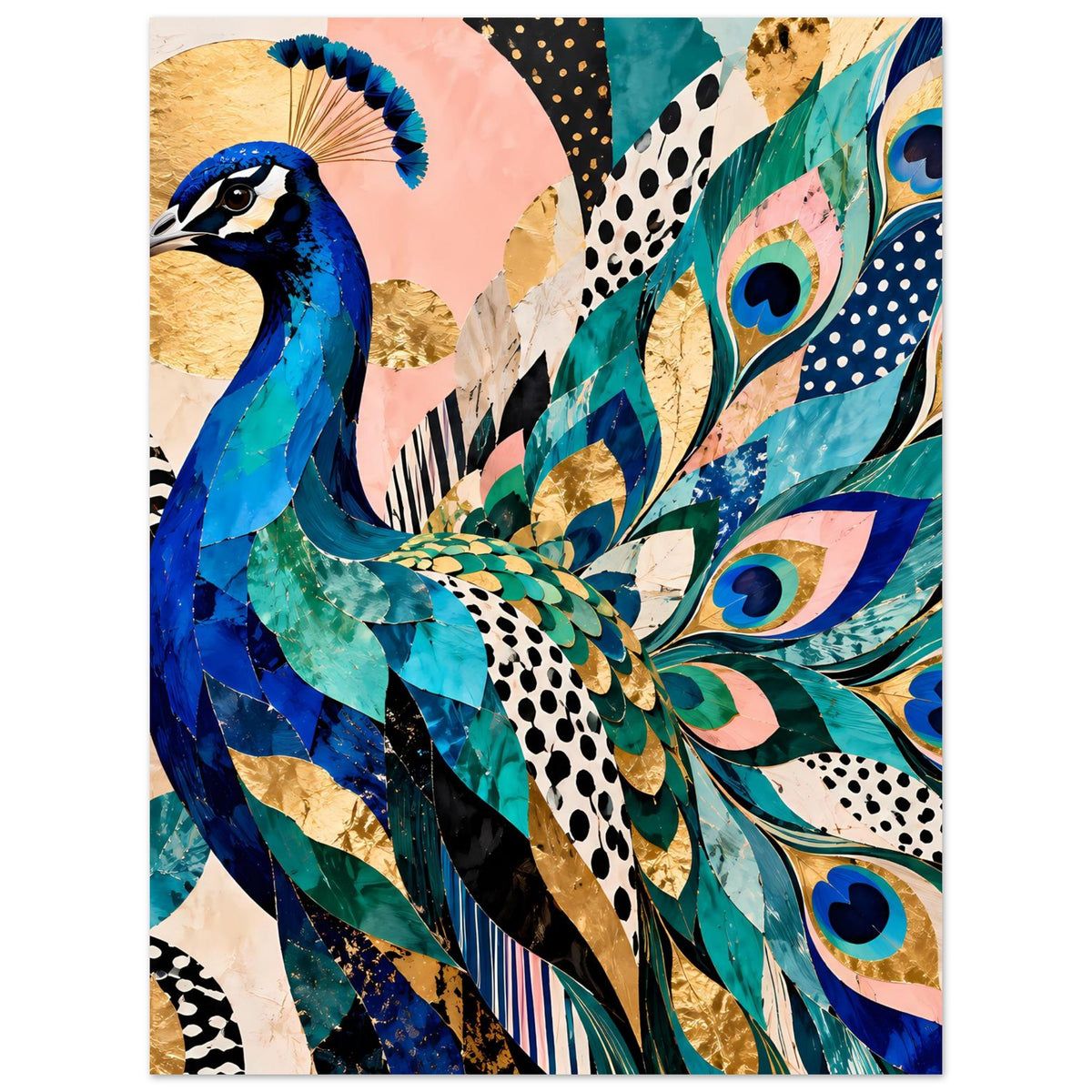 Kunstposter mit Pfau in Blau-Türkis, goldene Akzentflächen und dekorativen Pfauenaugen