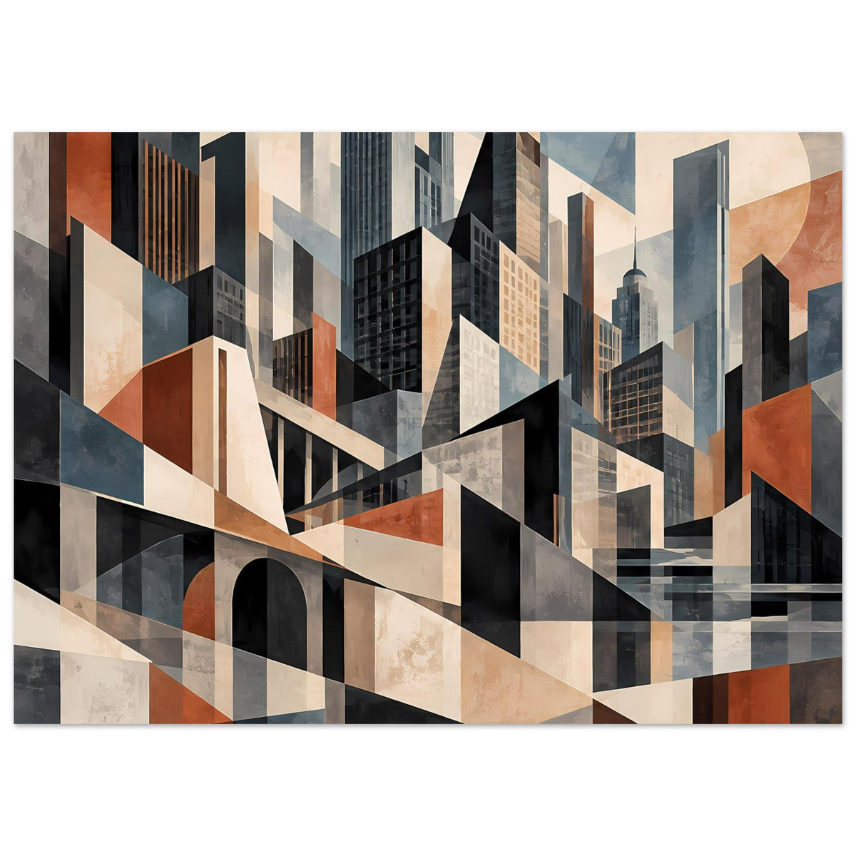 Architekturposter mit Stadtansicht in Geometrie: Fassadenblöcke, Bogenfenster und diagonale Brücke