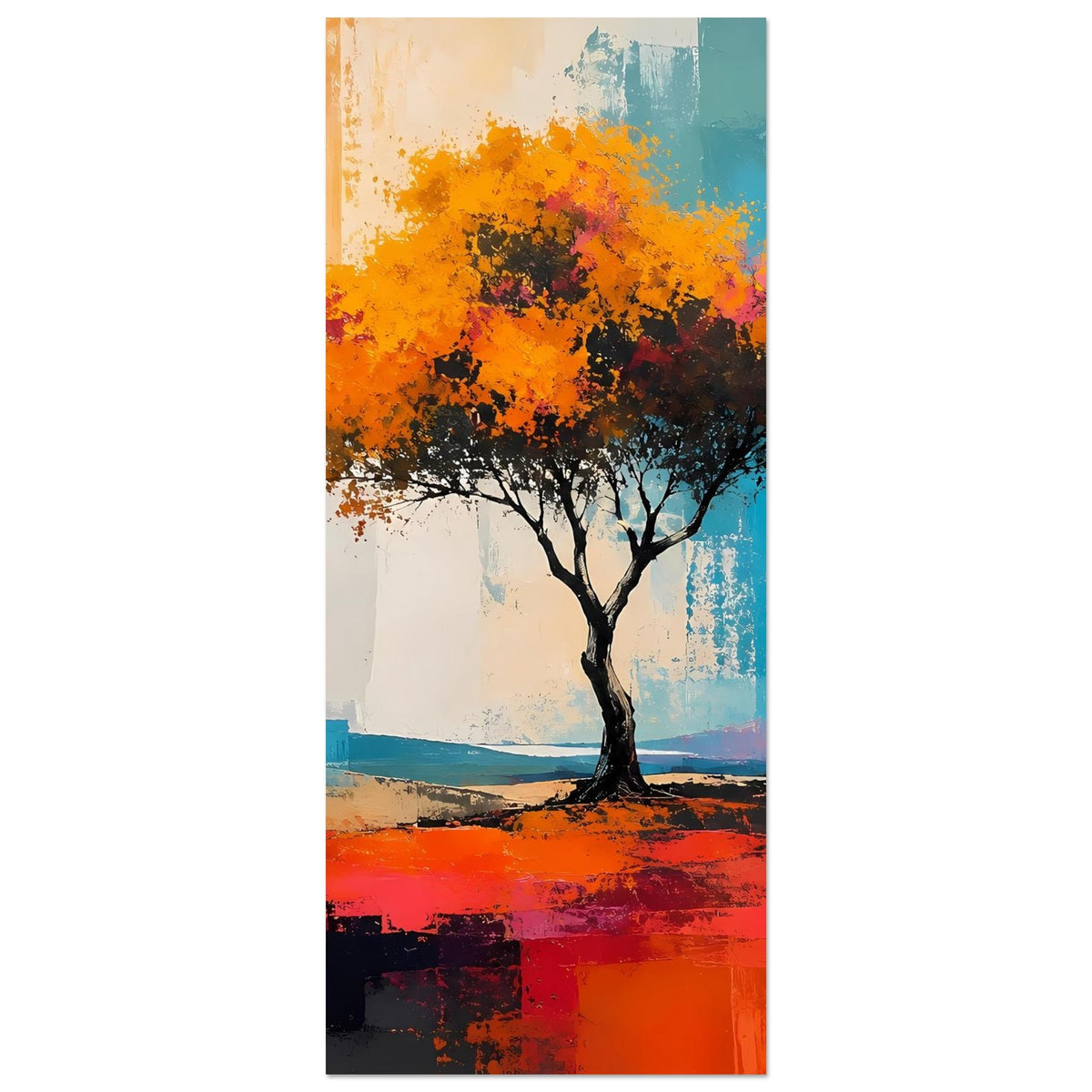 Hochformat-Poster mit Baum: orange Laub, türkisfarbene Farbflächen, roter Boden
