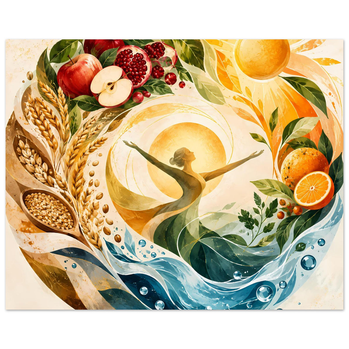 Poster mit Sonnenmotiv, Wasserwellen und Pflanzen; Früchte rechts sowie Getreide links