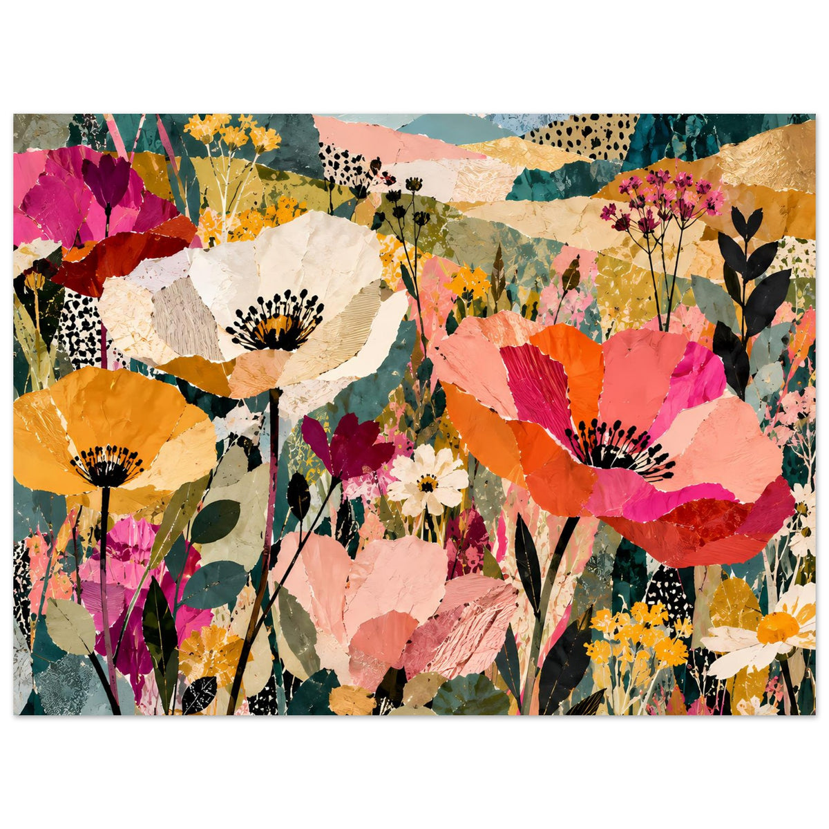 Buntes Blumen-Kollageposter, horizontale Ausrichtung mit kräftigen Farbflächen