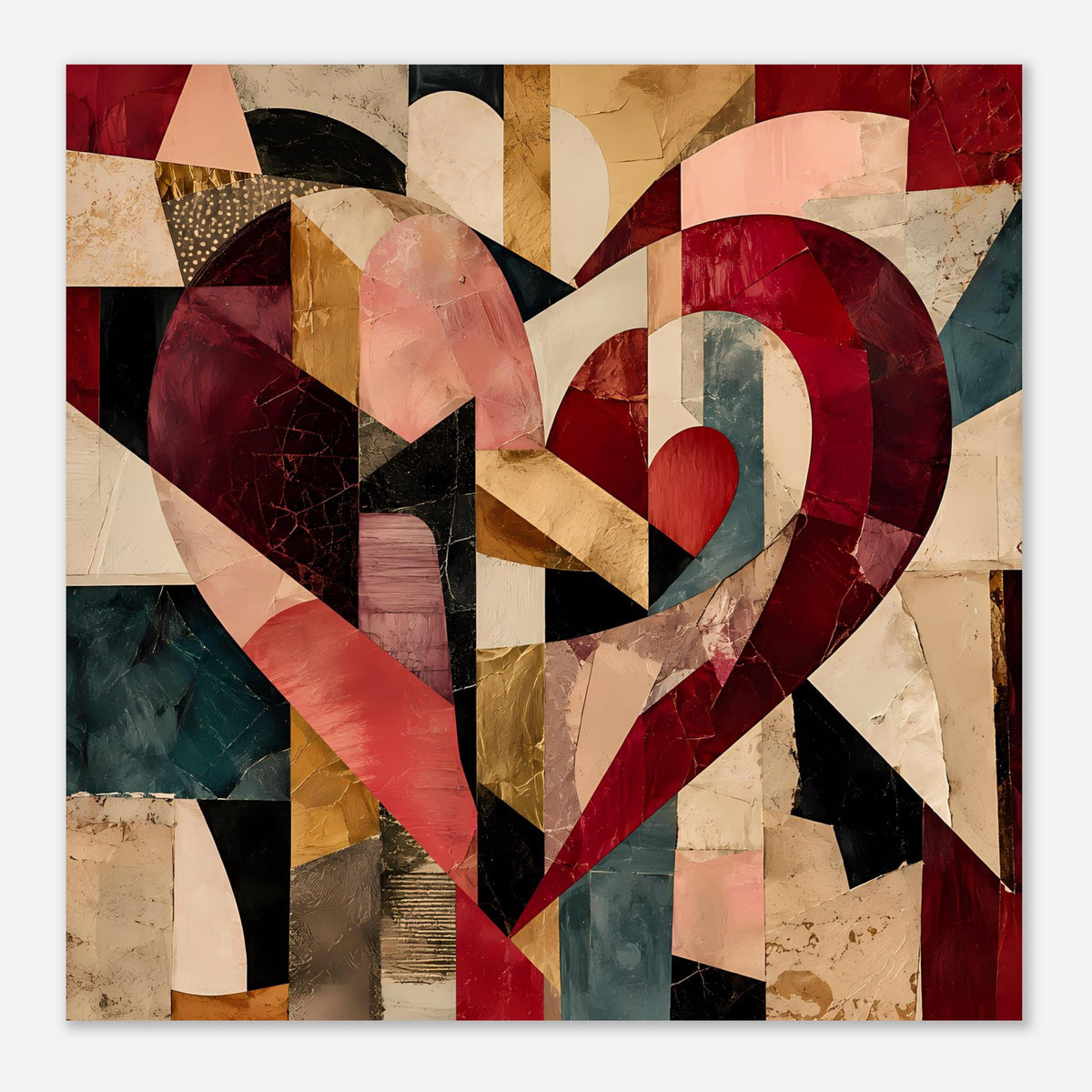 Abstraktes Herzposter im Cubist-Stil, geometrische Streifen in Rot, Beige, Blau und Dunkel