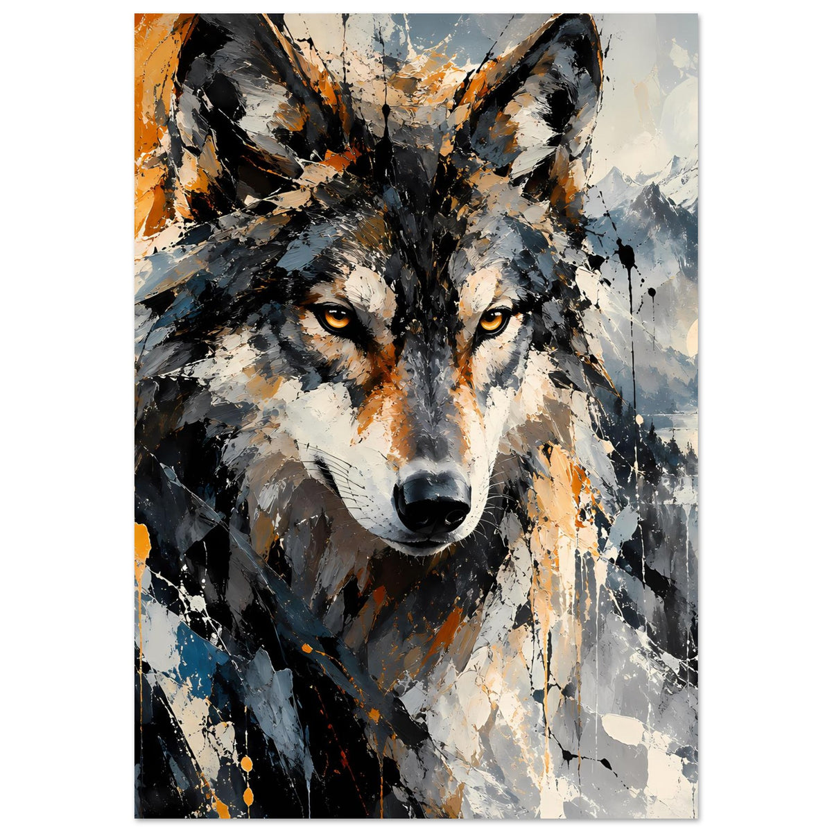 Abstraktes Wolf-Poster mit markantem Kopf, gelben Augen, Grau-Schwarz und Orange