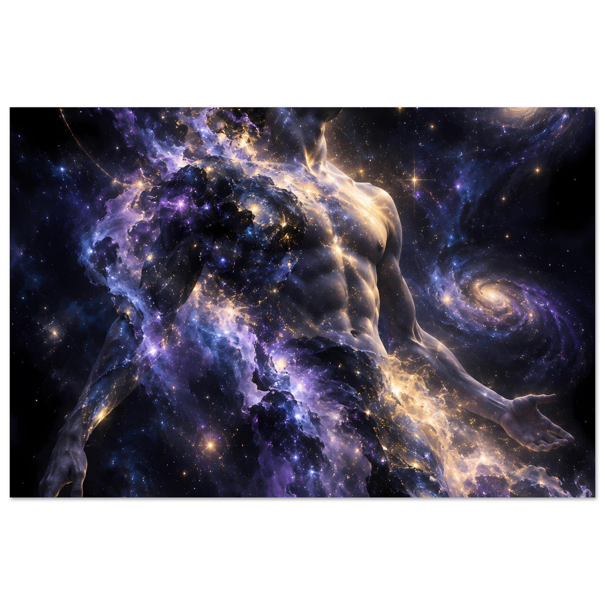 Kosmos-Poster mit gold leuchtender Kontur, violettem Sternenstaub und Galaxien