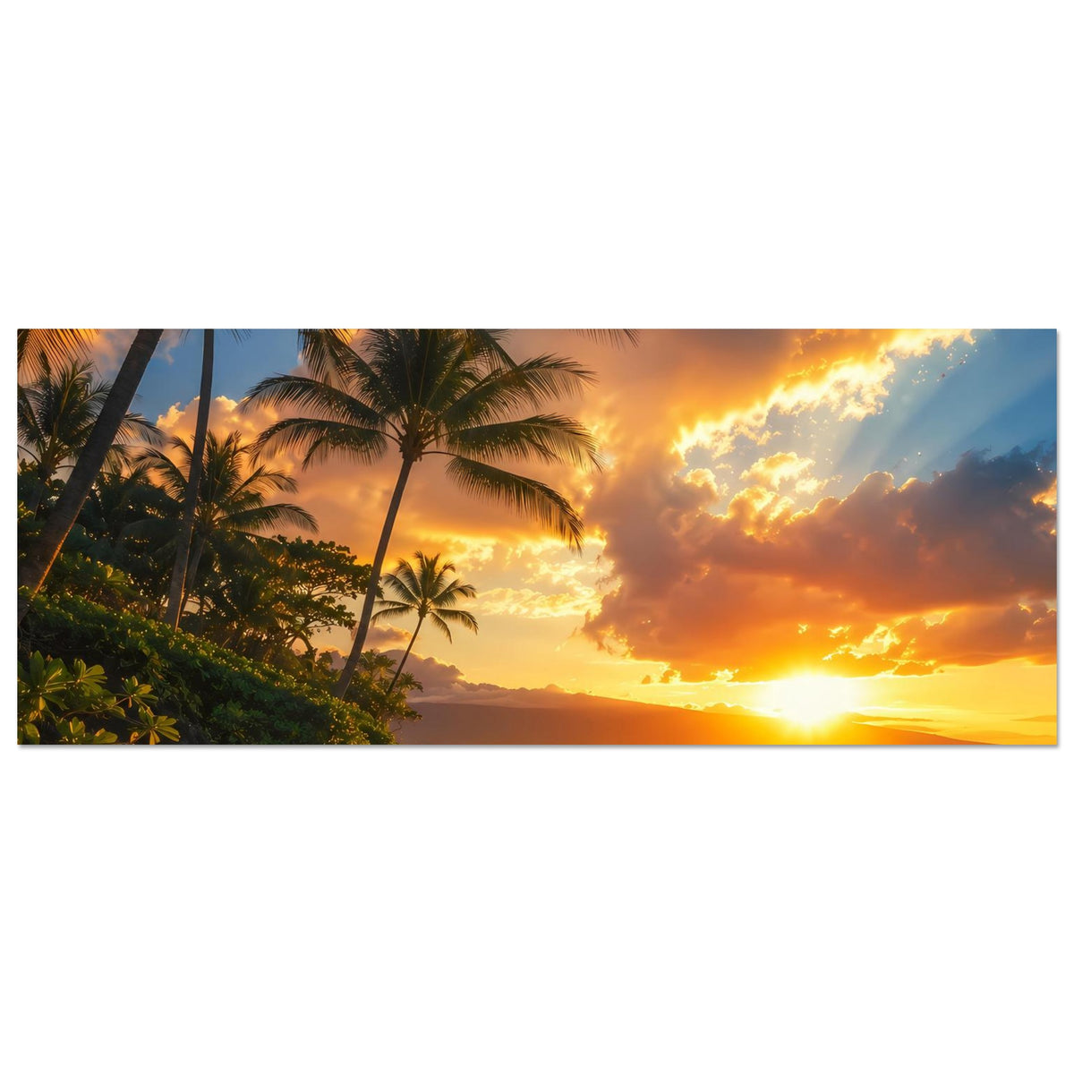 Strandposter (horizontal) mit Palmen, Meer und goldenem Sonnenuntergang