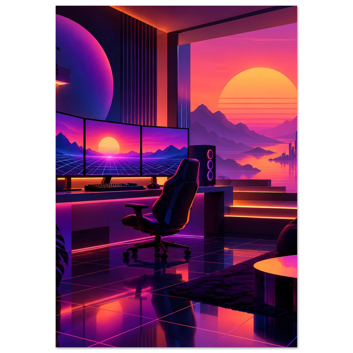 Vertikales Neon-Retro-Poster: futuristische Lounge mit Sonnenkreis und Bergkulisse