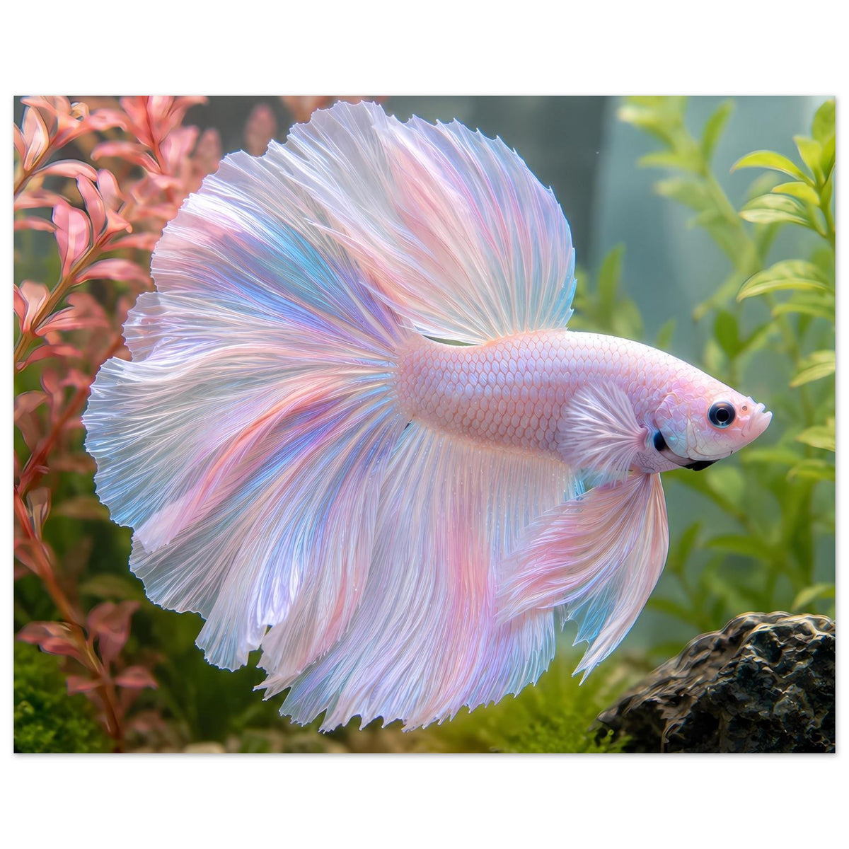 Poster mit Betta-Fisch im Pastellton, weiß-rosa-blaue Flossen, seitlich nach rechts blickend