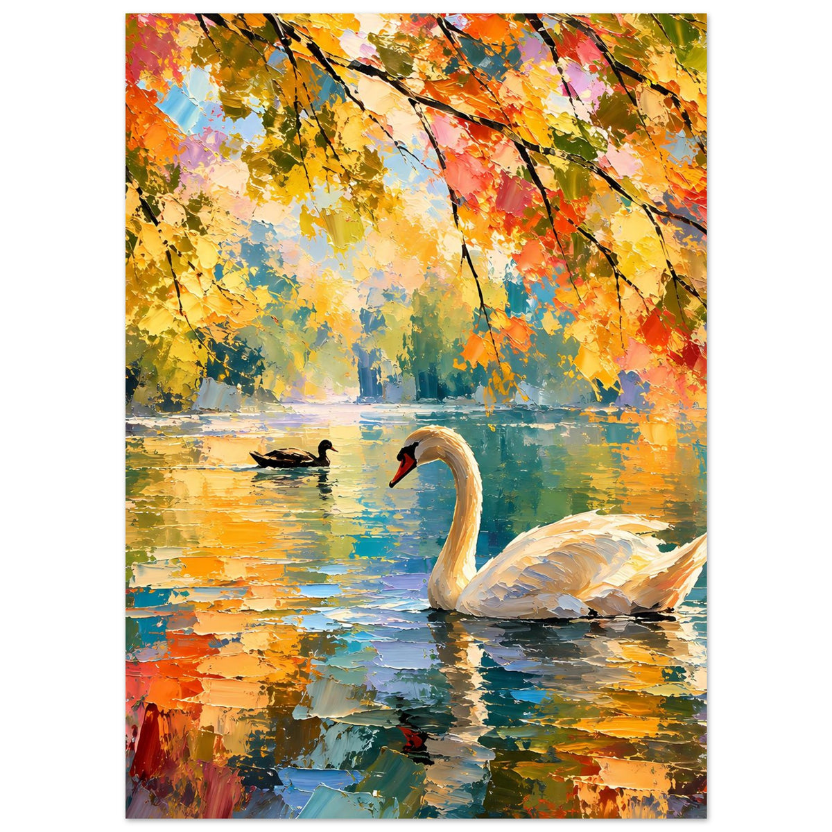 Kunstposter mit weißem Schwan, kleiner Ente im Wasser und leuchtendem Herbstlaub im Hintergrund