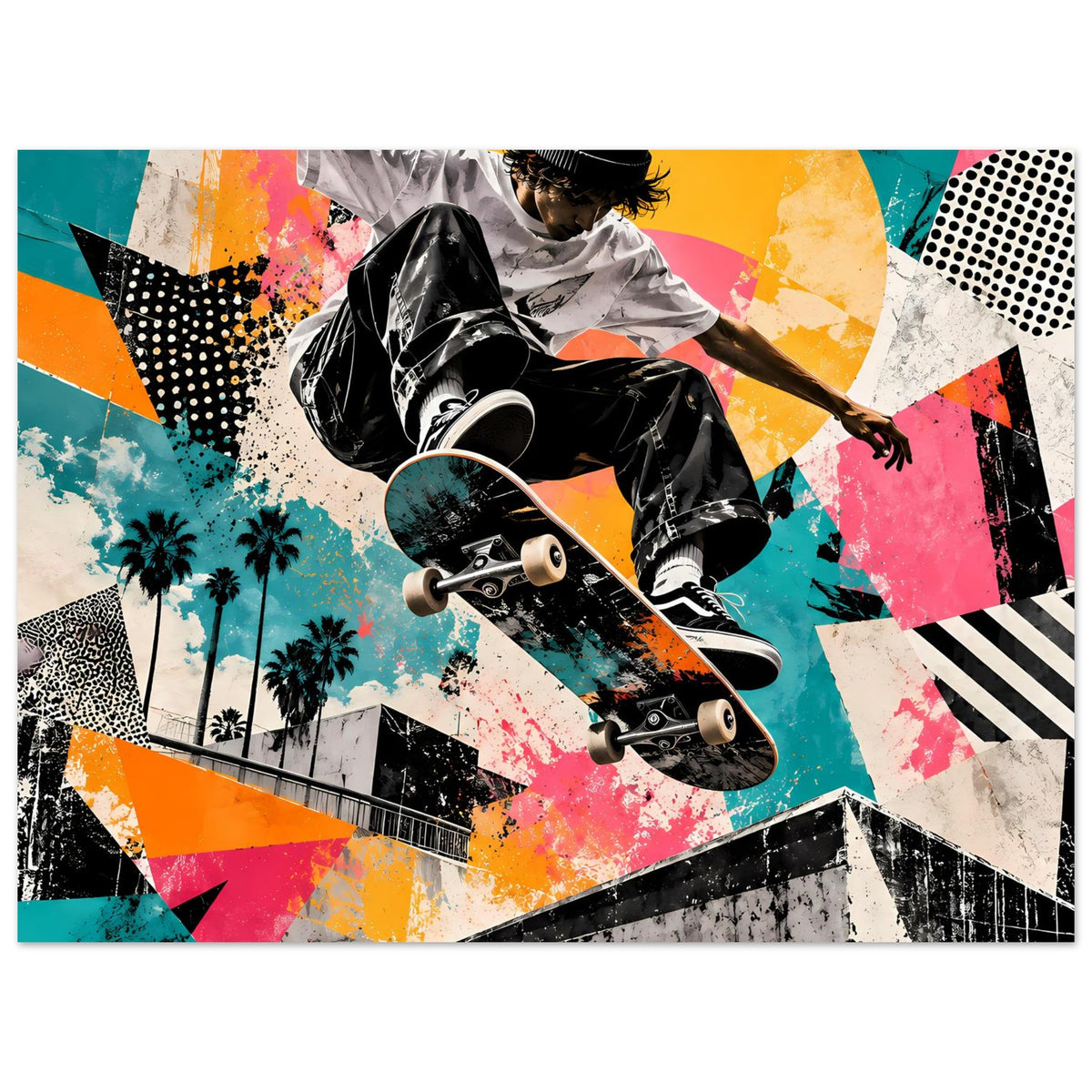 Street-Art-Poster mit Skateboarder im Sprung, schwarz-weiß, Neonfarben und Graffiti-Optik.