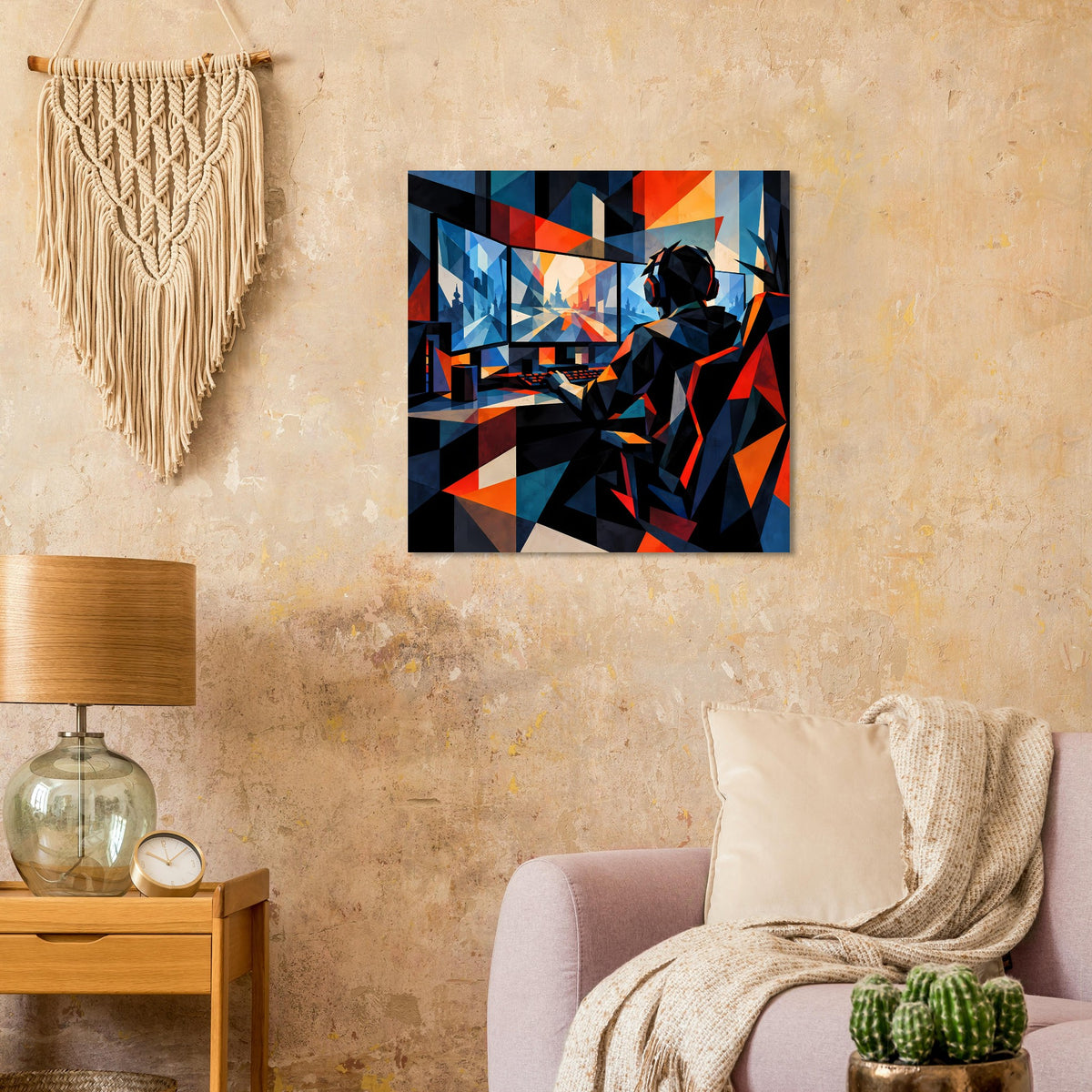 Wandposter mit abstrakten geometrischen Formen: Gamer mit Kopfhörer in Blau/Orange