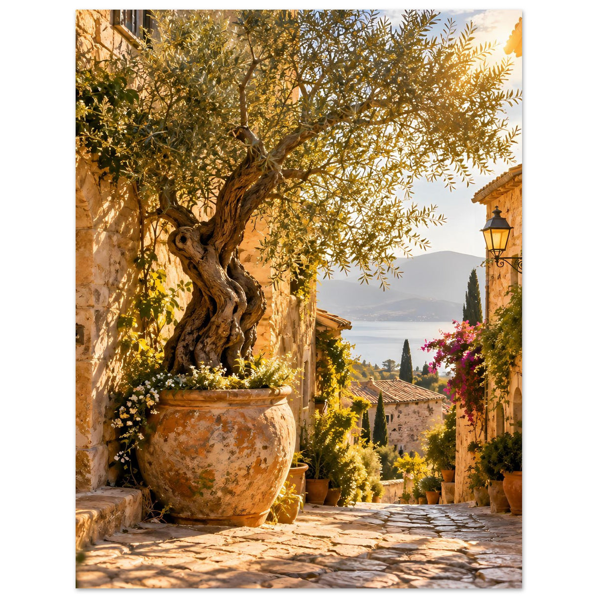 Wandposter mediterrane Gasse mit Olivenbaum, Blumenschmuck und Pflanzentöpfen am Weg