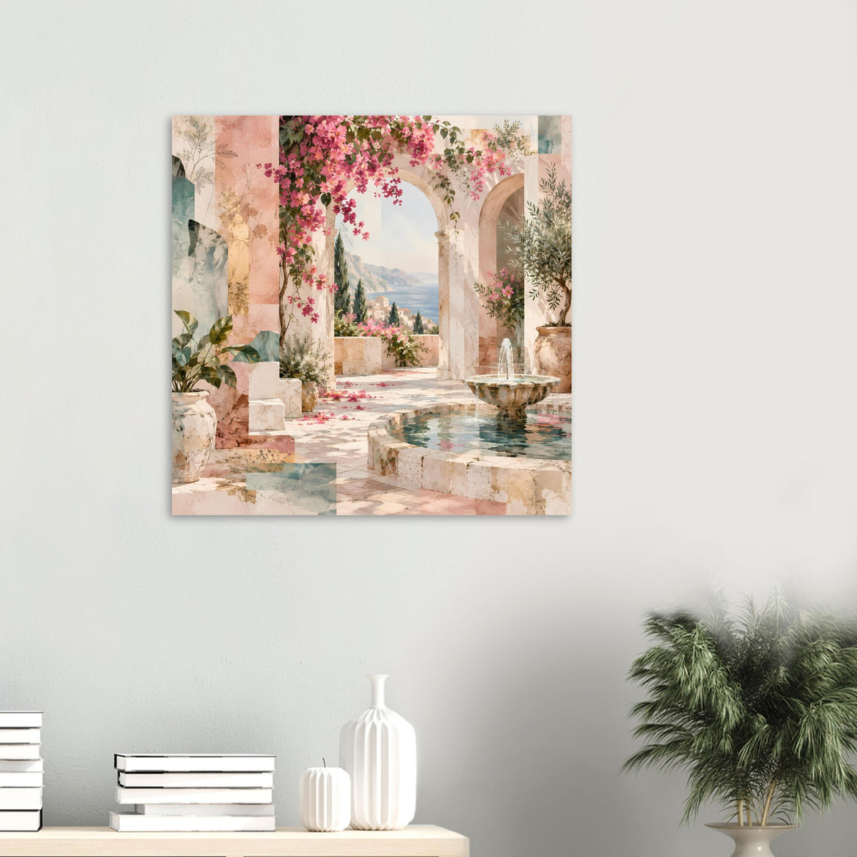 Kunstposter: mediterraner Arkadengang mit Brunnen und pinken Blüten vor Steinwänden