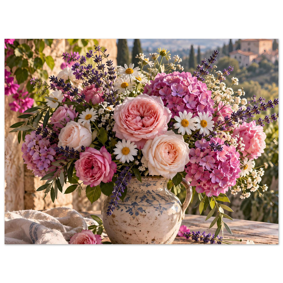 Blumenposter: kräftige Blütenmischung in Vase, sichtbare Blütenköpfe und Blätter