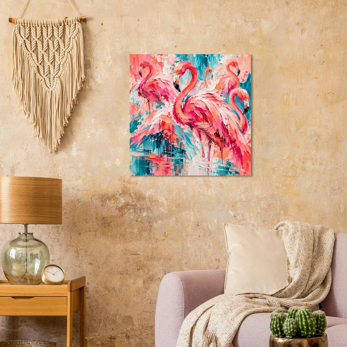 Flamingo-Kunstposter mit pink-türkis Vogelillustration und abstrakten Pinselstrichen