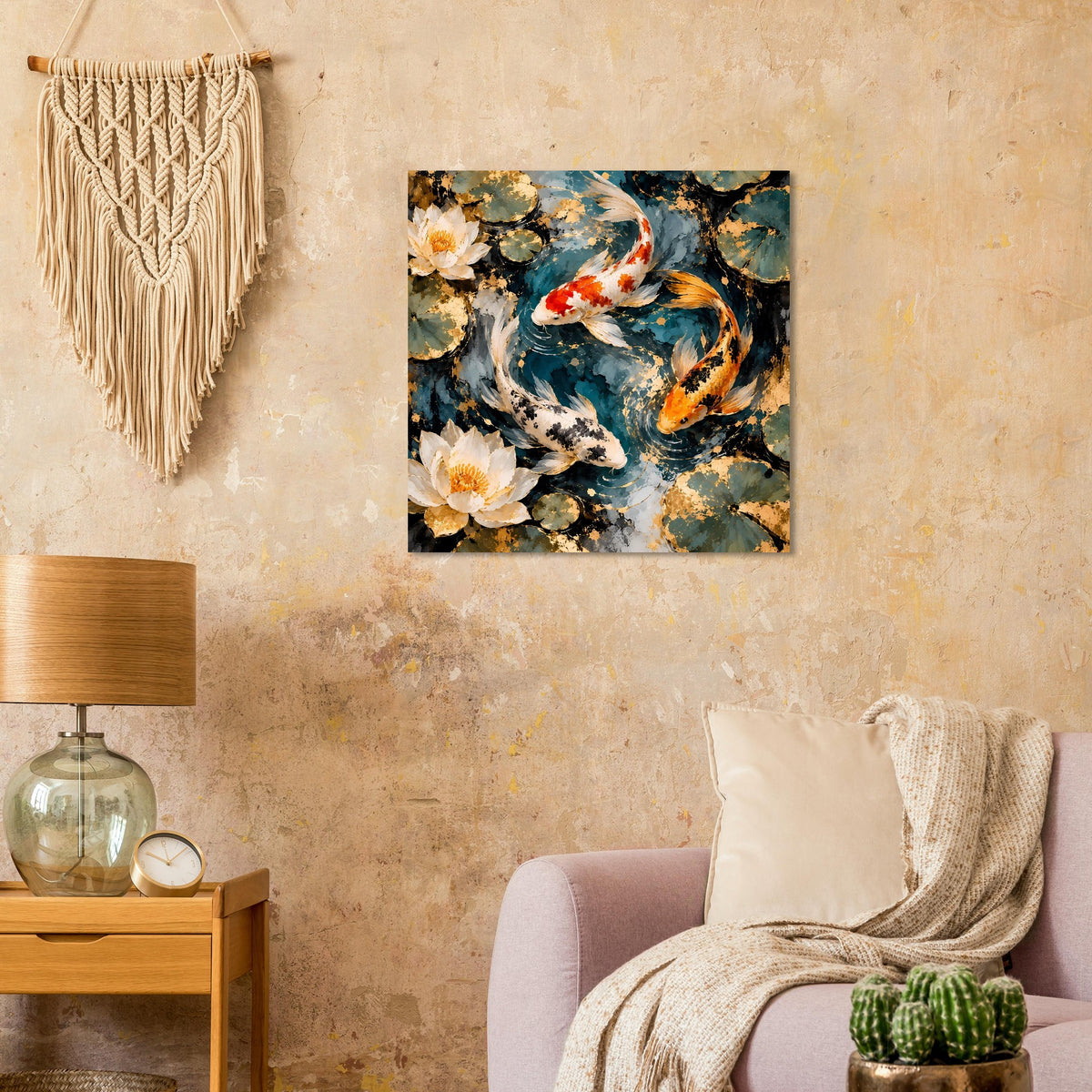 Quadratisches Kunstposter mit Koi-Fischen im Teich und weißen Seerosen